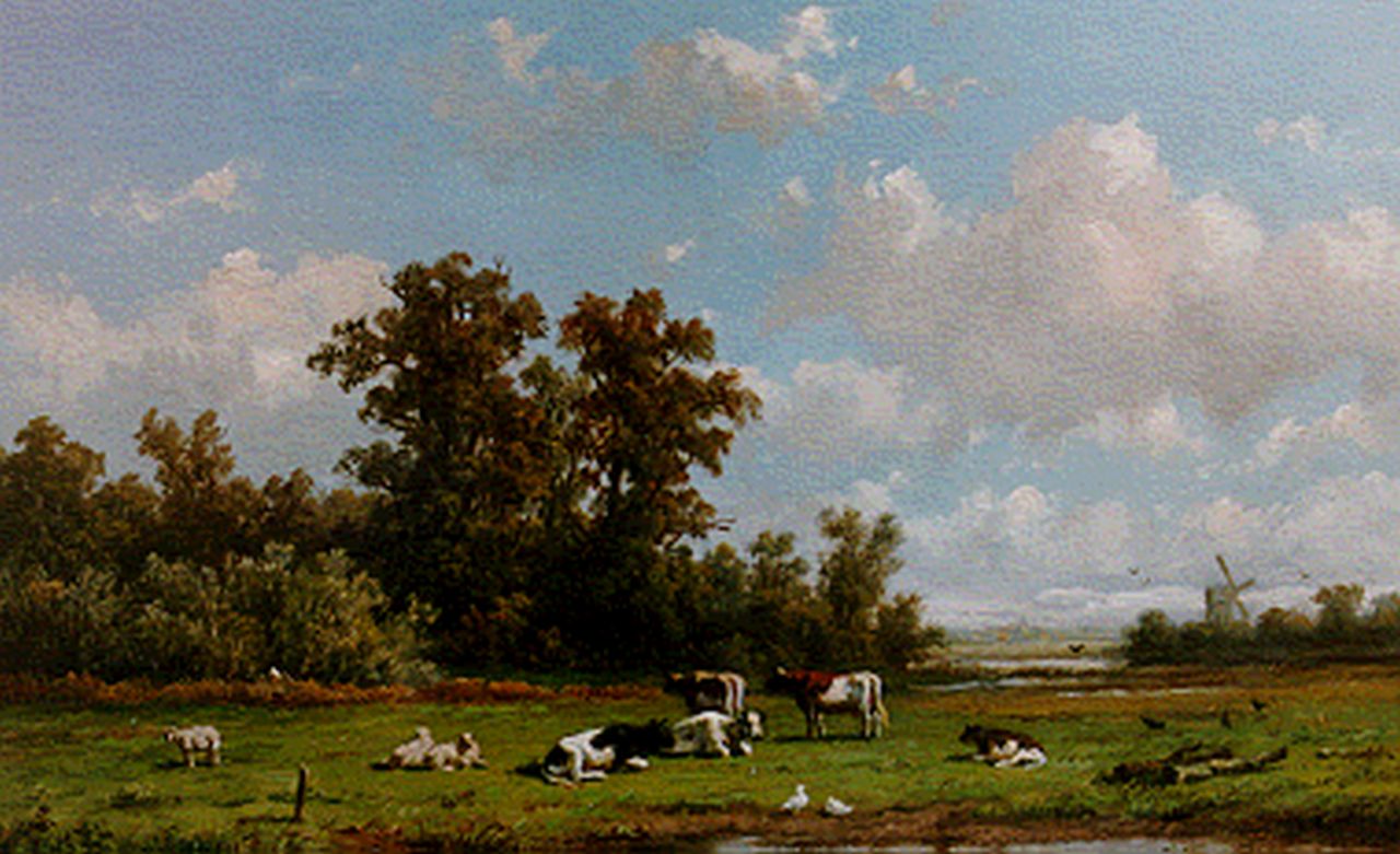 Wijngaerdt A.J. van | Anthonie Jacobus van Wijngaerdt, Vee en eenden in een zonnige weide, olieverf op paneel 23,6 x 36,0 cm, gesigneerd rechtsonder