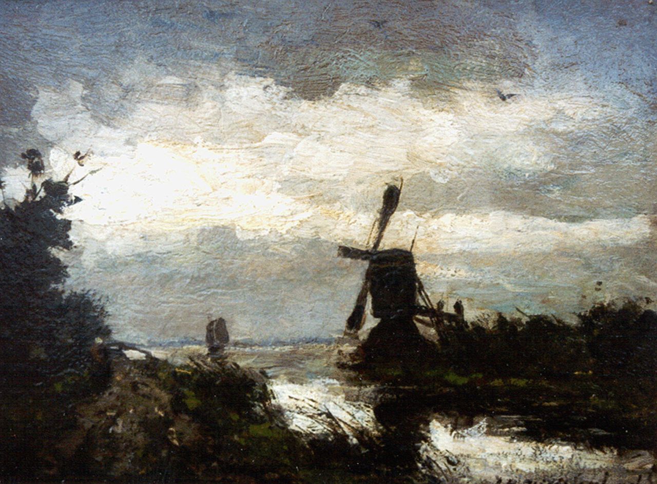 Weissenbruch H.J.  | Hendrik Johannes 'J.H.' Weissenbruch | Schilderijen te koop aangeboden | Landschap met molen, olieverf op paneel 18,5 x 24,5 cm, gesigneerd rechtsonder