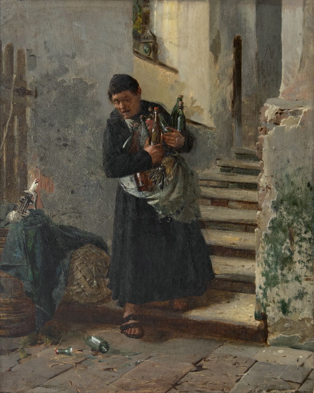 Kotschenreiter J.H.G.G.  | Johann 'Hugo' Georg Gottlieb Kotschenreiter | Schilderijen te koop aangeboden | Het aanvullen van de wijnvoorraad, olieverf op doek 54,0 x 43,5 cm, gesigneerd linksonder en gedateerd '74