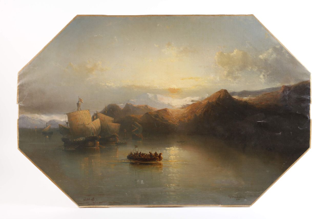 Hendriks & J.A. Rust F.H.  | Frederik Hendrik Hendriks & J.A. Rust | Schilderijen te koop aangeboden | Zeegezicht met schepen en bergen op achtergrond, olieverf op doek 85,0 x 130,0 cm, gesigneerd linksonder + rechtsonder