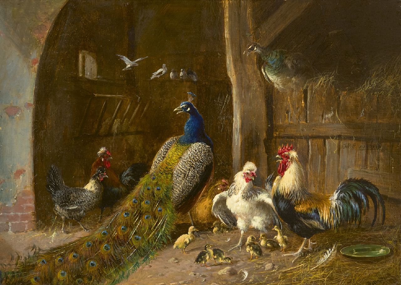 Scheuerer J.  | Julius Scheuerer | Schilderijen te koop aangeboden | Pauwenpaar met haan en kippen in de schuur, olieverf op paneel 22,2 x 31,1 cm, gesigneerd rechts van het midden