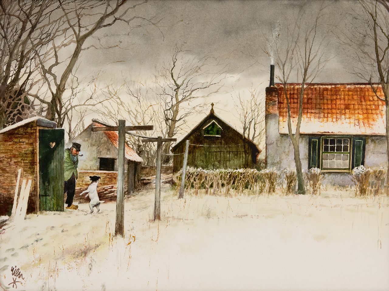 Poortvliet R. | Rien Poortvliet | Aquarellen en tekeningen te koop aangeboden | Een blije vriend op de boerderij, aquarel op papier 50,0 x 65,0 cm, gesigneerd linksonder Poortvliet R. | Rien Poortvliet | Aquarellen en tekeningen te koop aangeboden | Een blije vriend op de boerderij, aquarel op papier 50,0 x 65,0 cm, gesigneerd linksonder