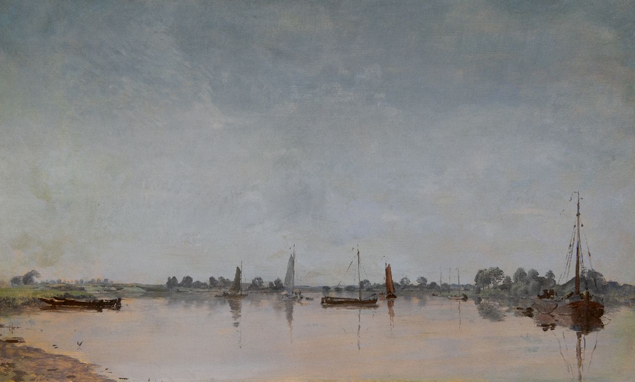 Voerman sr. J.  | Jan Voerman sr. | Schilderijen te koop aangeboden | IJsselgezicht met tjalken, olieverf op paneel 31,5 x 51,9 cm, gesigneerd linksondermet initialen