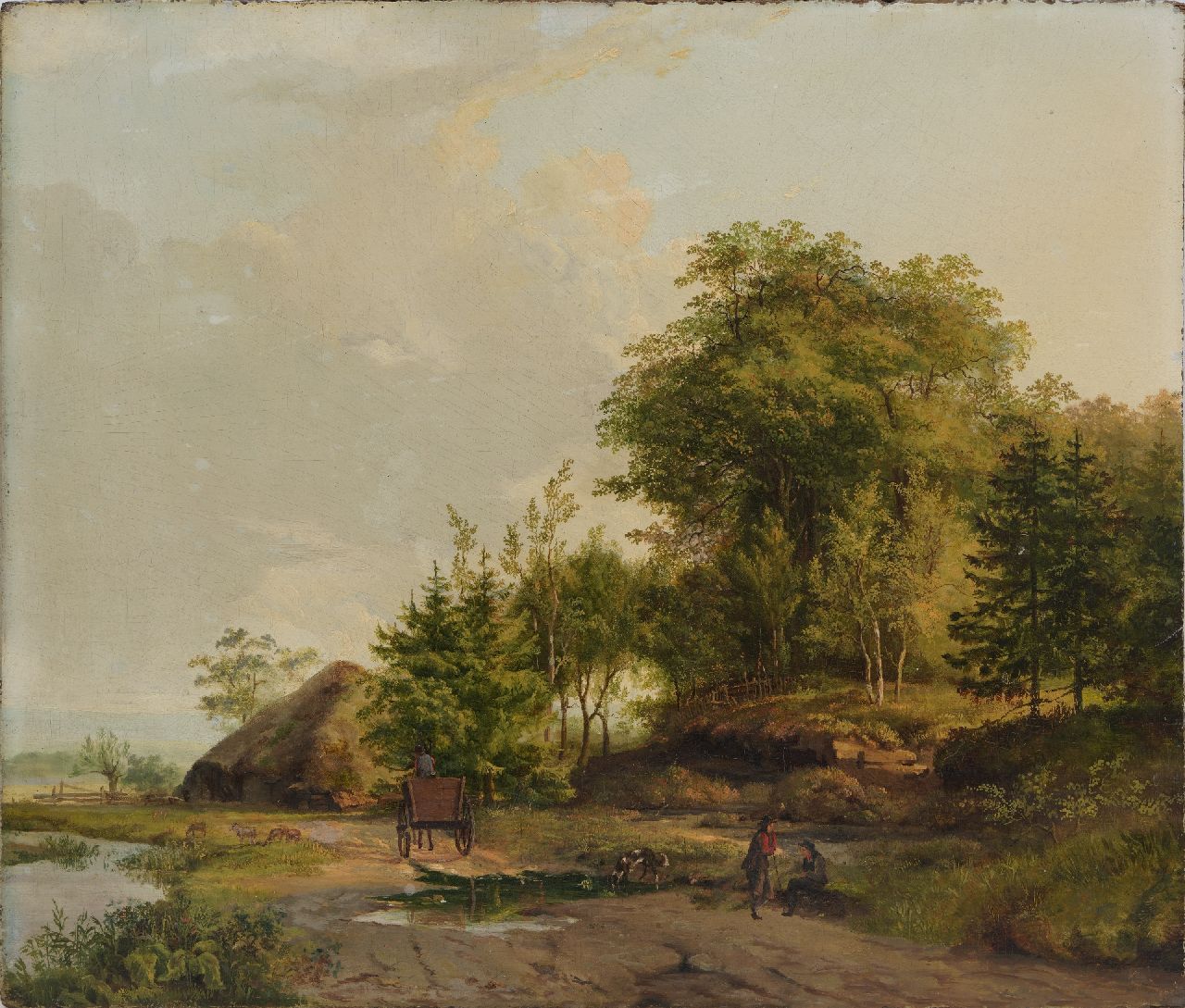 Koekkoek B.C.  | Barend Cornelis Koekkoek | Schilderijen te koop aangeboden | Zomerlandschap met reizigers  en paard en wagen, olieverf op paneel 34,7 x 40,7 cm, 1823-1826