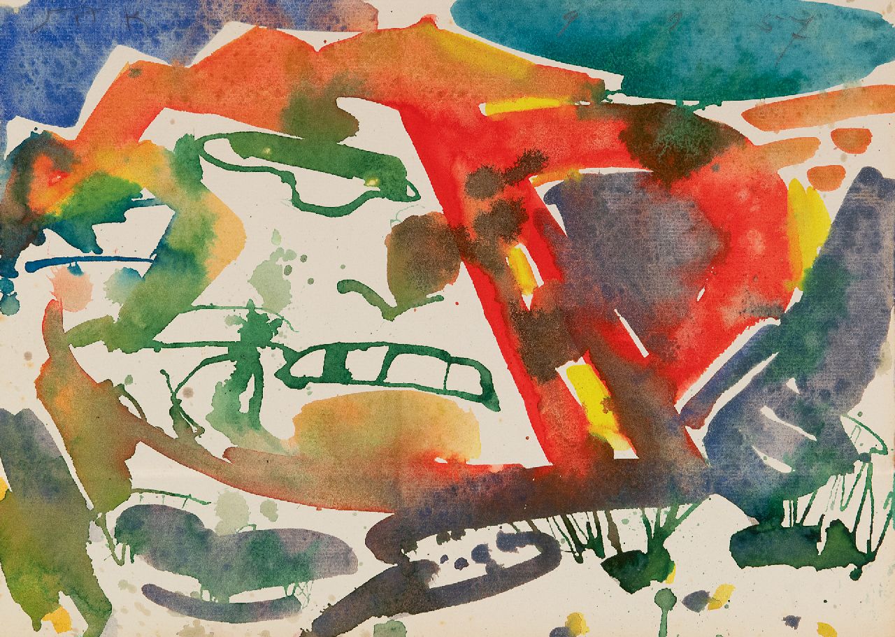 Jordens J.G.  | 'Jan' Gerrit Jordens | Aquarellen en tekeningen te koop aangeboden | Schiermonnikoog, aquarel en ecoline op papier 20,3 x 28,5 cm, gesigneerd linksboven en gedateerd 9 9 57, zonder lijst