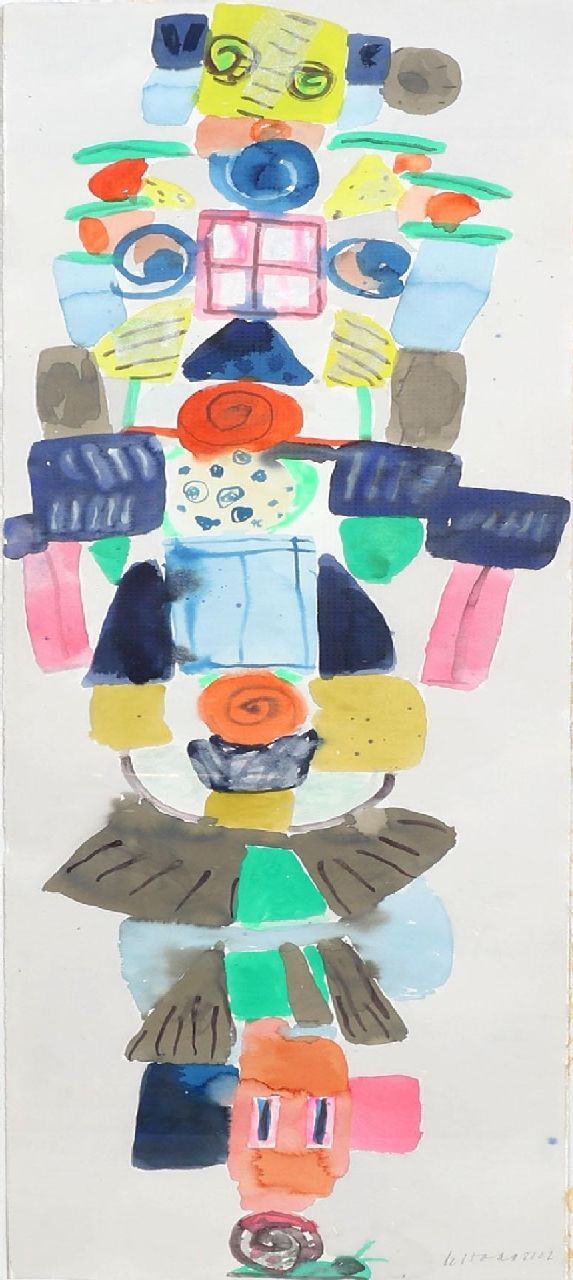 Haan J. de | Jurjen de Haan | Aquarellen en tekeningen te koop aangeboden | Totempaal, gouache op papier 123,0 x 41,0 cm, gesigneerd rechtsonder en gedateerd 2002