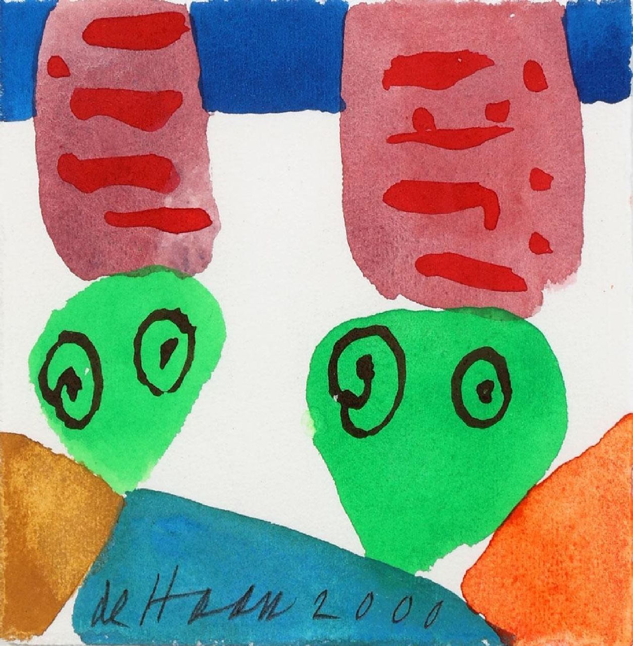 Haan J. de | Jurjen de Haan | Aquarellen en tekeningen te koop aangeboden | Compositie, gouache op papier 12,0 x 12,0 cm, gesigneerd middenonder en gedateerd 2000