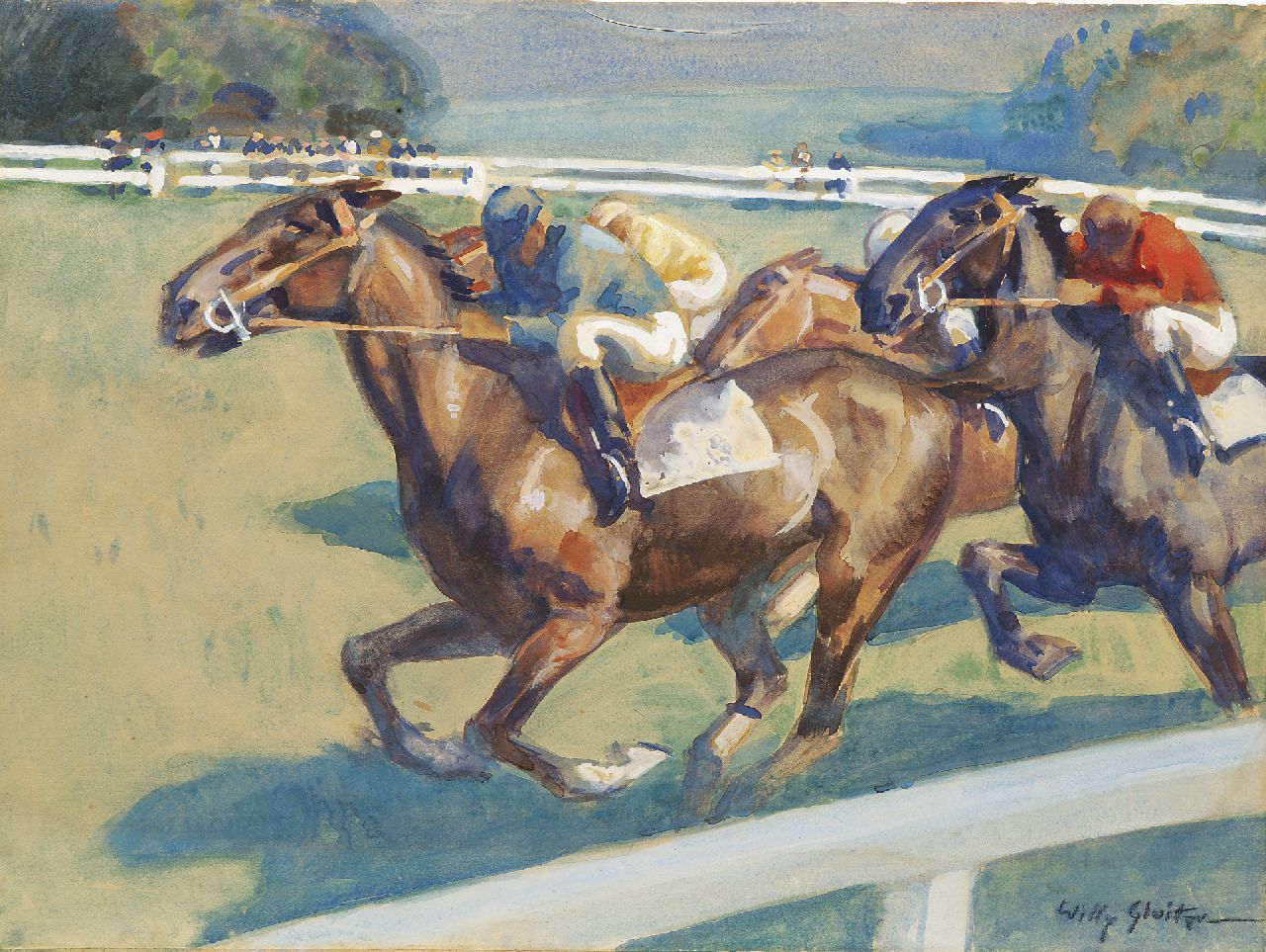 Sluiter J.W.  | Jan Willem 'Willy' Sluiter | Aquarellen en tekeningen te koop aangeboden | De paardenrace, aquarel en gouache op papier 48,4 x 64,7 cm, gesigneerd rechtsonder