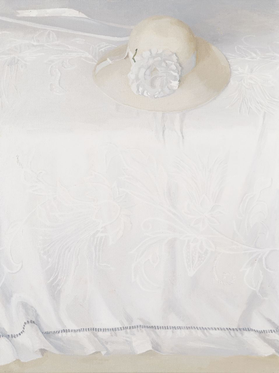 Ray K. | Karen Ray | Schilderijen te koop aangeboden | Witte hoed op bed met wit sprei, olieverf op doek 61,0 x 46,0 cm Ray K. | Karen Ray | Schilderijen te koop aangeboden | Witte hoed op bed met wit sprei, olieverf op doek 61,0 x 46,0 cm