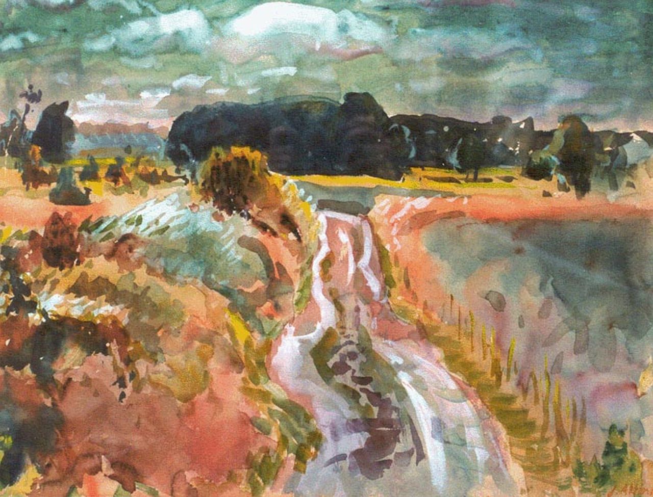 Altink J.  | Jan Altink | Aquarellen en tekeningen te koop aangeboden | Landweg, Groningen, gouache op papier 50,5 x 65,7 cm, gesigneerd rechtsonder en gedateerd '51