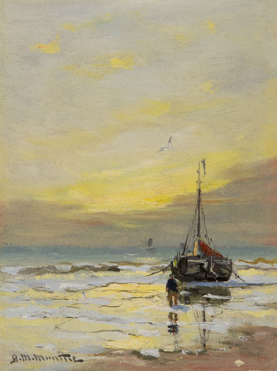 Munthe G.A.L.  | Gerhard Arij Ludwig 'Morgenstjerne' Munthe | Schilderijen te koop aangeboden | Bomschuit met visser bij zonsondergang, olieverf op schildersboard 20,0 x 14,8 cm, gesigneerd linksonder