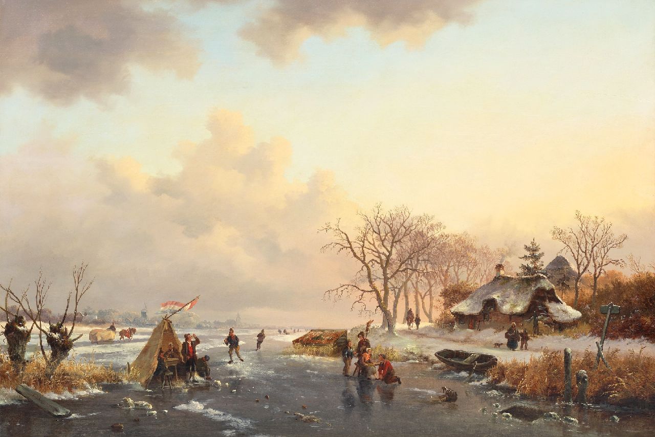 Kruseman F.M. | Frederik Marinus Kruseman | Schilderijen te koop aangeboden | Winterlandschap met schaatsers bij een 'Koek-en-Zopie', olieverf op paneel 52,1 x 78,7 cm, gesigneerd linksonder en te dateren ca. 1850 Kruseman F.M. | Frederik Marinus Kruseman | Schilderijen te koop aangeboden | Winterlandschap met schaatsers bij een 'Koek-en-Zopie', olieverf op paneel 52,1 x 78,7 cm, gesigneerd linksonder en te dateren ca. 1850