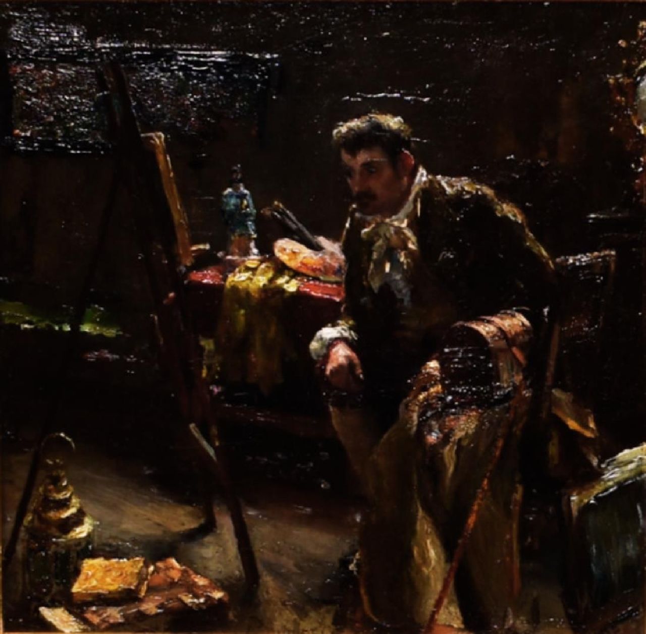 Bogaerts F.  | Alfred 'Fred' Bogaerts | Schilderijen te koop aangeboden | Schilder in zijn atelier, olieverf op paneel 25,5 x 26,0 cm, gesigneerd middenonder