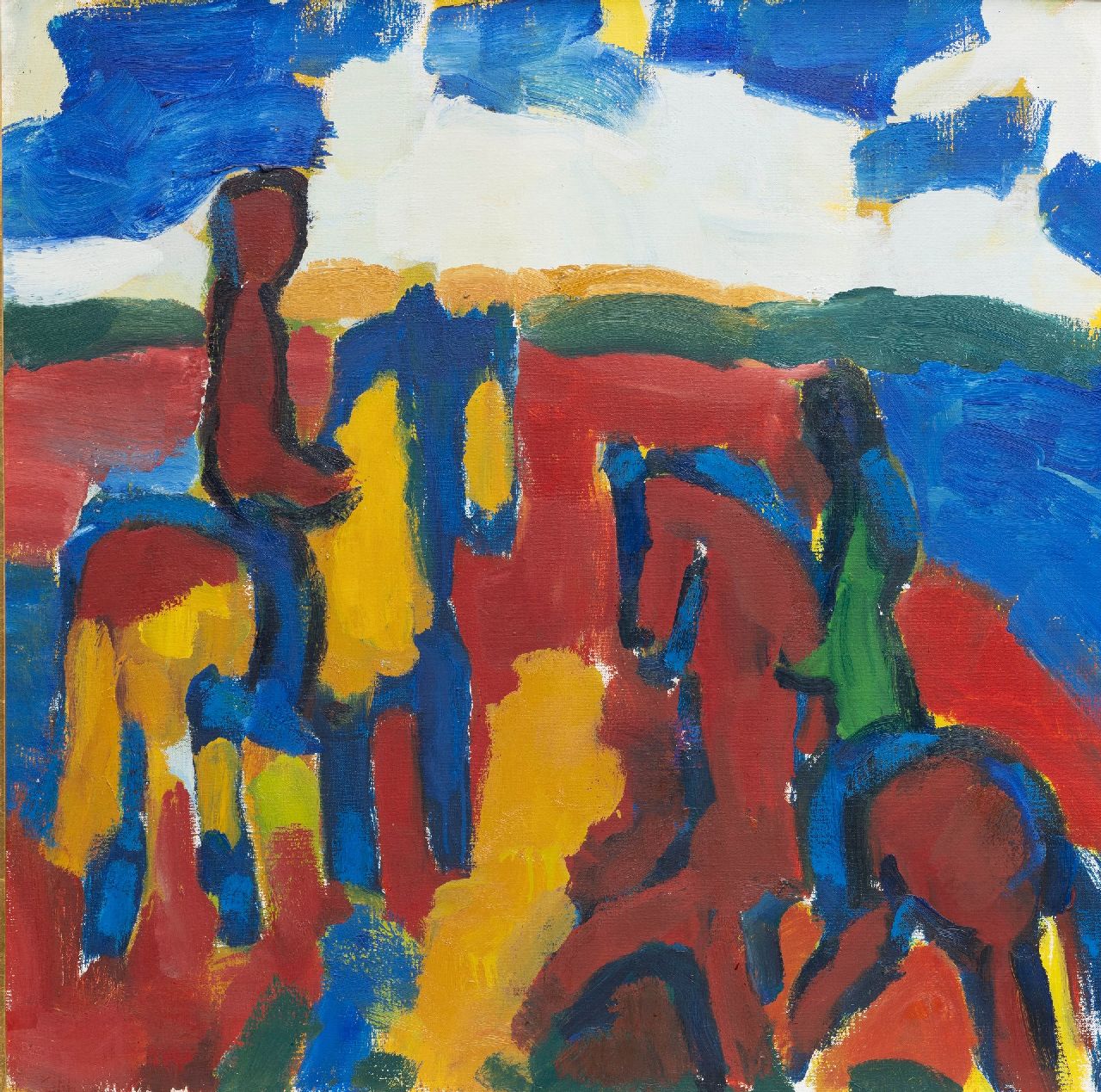 Benner G.  | Gerrit Benner | Schilderijen te koop aangeboden | Landschap met ruiters, olieverf op doek 90,0 x 90,0 cm, gesigneerd verso en te dateren 1977