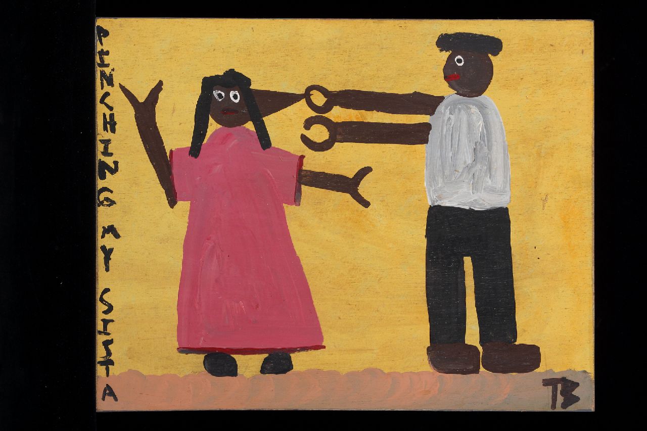 Brown T.  | Timothy 'Tim' Brown, Pinching my sista, acryl op paneel 33,7 x 42,8 cm, gesigneerd rechtsonder met initialen en ca 1995