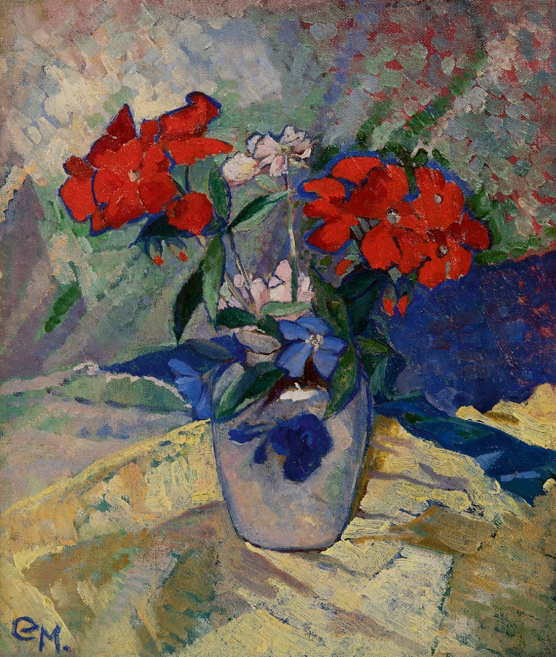 Machotka C. | Carola Machotka | Schilderijen te koop aangeboden | Rode bloemen in een vaas, olieverf op doek 32,0 x 27,1 cm, gesigneerd linksonder met initialen en te dateren ca. 1925 Machotka C. | Carola Machotka | Schilderijen te koop aangeboden | Rode bloemen in een vaas, olieverf op doek 32,0 x 27,1 cm, gesigneerd linksonder met initialen en te dateren ca. 1925