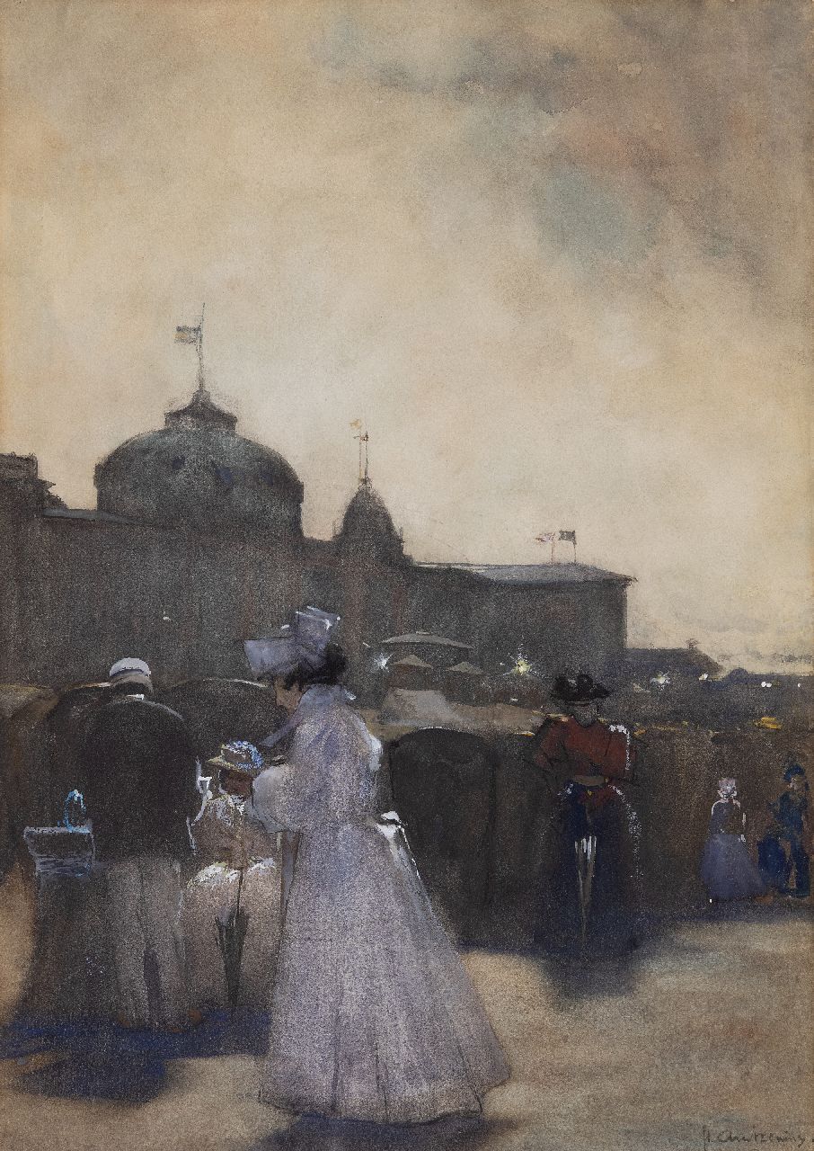 Arntzenius P.F.N.J.  | Pieter Florentius Nicolaas Jacobus 'Floris' Arntzenius | Aquarellen en tekeningen te koop aangeboden | Zomergasten bij het Kurhaus te Scheveningen in de avondschemering, krijt, aquarel en gouache op papier 43,8 x 30,8 cm, gesigneerd rechtsonder