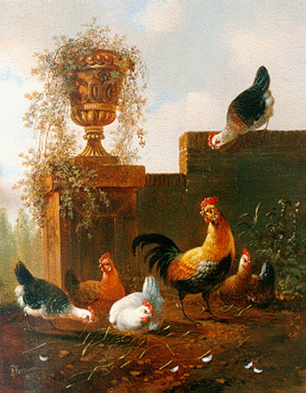 Verhoesen A.  | Albertus Verhoesen, Pluimvee bij een muurtje, olieverf op paneel 28,7 x 23,0 cm, gesigneerd rechtsonder en gedateerd 1857