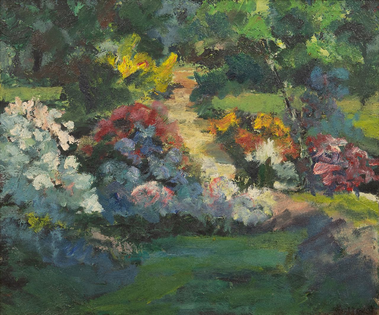Leest J. van der | Jan van der Leest | Schilderijen te koop aangeboden | Bloementuin, olieverf op doek 50,0 x 60,2 cm, gesigneerd rechtsonder