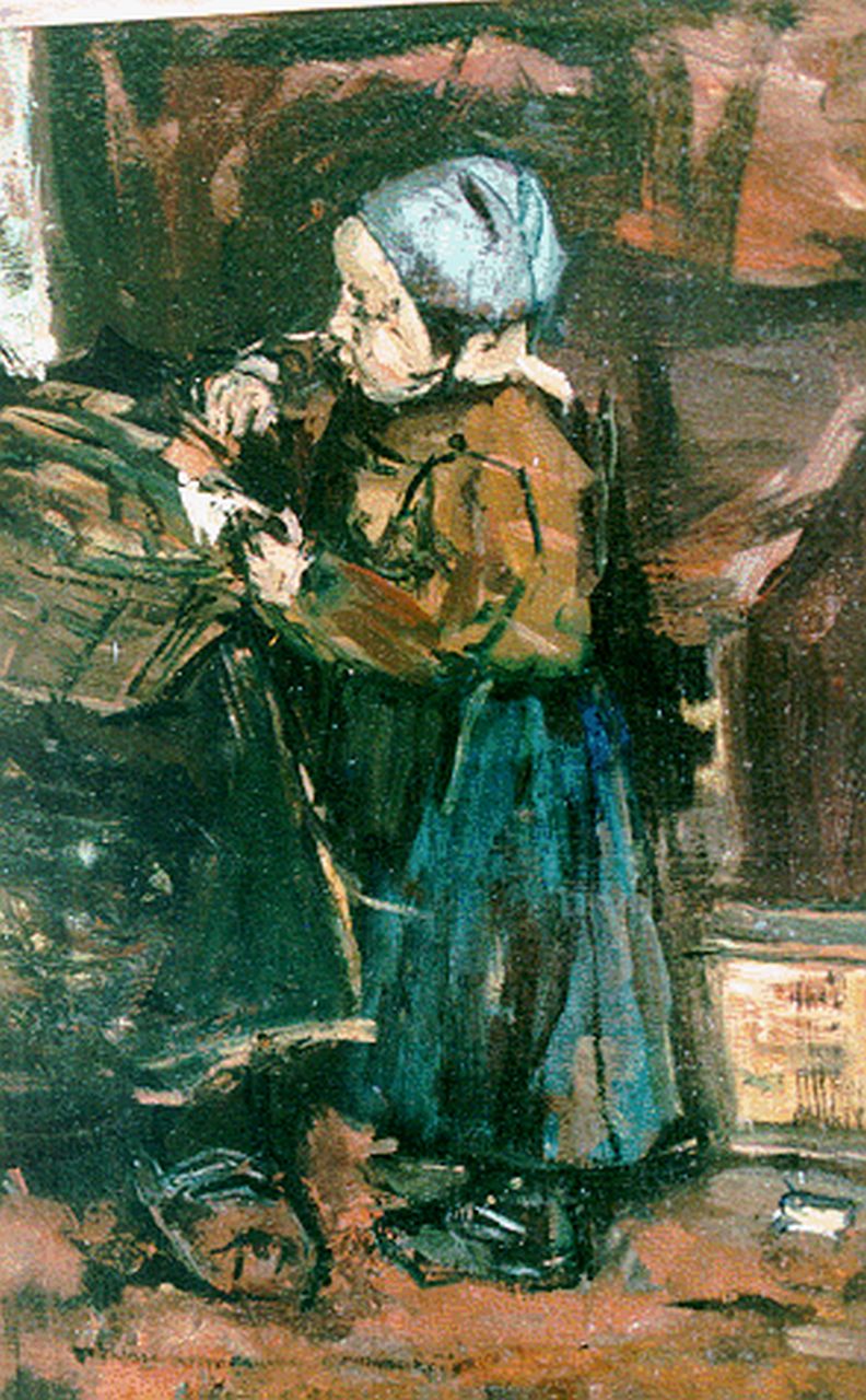 Robertson S.  | Susanne 'Suze' Robertson, Staand meisje bij een mandje, olieverf op doek op paneel 34,3 x 22,9 cm
