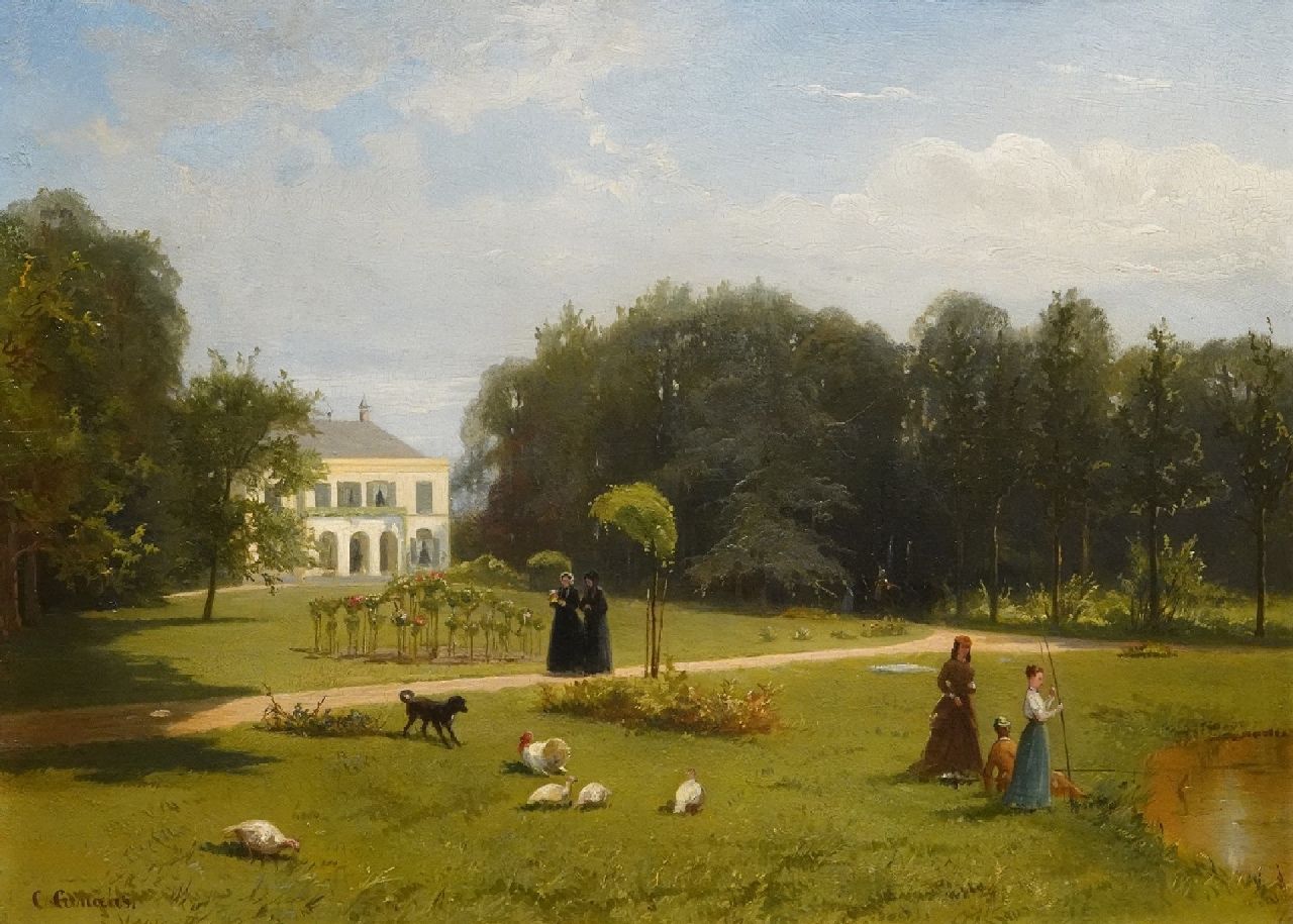 Conradijn Cunaeus | Buitenplaats met elegante dames in de tuin, olieverf op paneel, 26,0 x 35,0 cm, gesigneerd l.o. en privé Conradijn Cunaeus | Buitenplaats met elegante dames in de tuin, olieverf op paneel, 26,0 x 35,0 cm, gesigneerd l.o. en privé