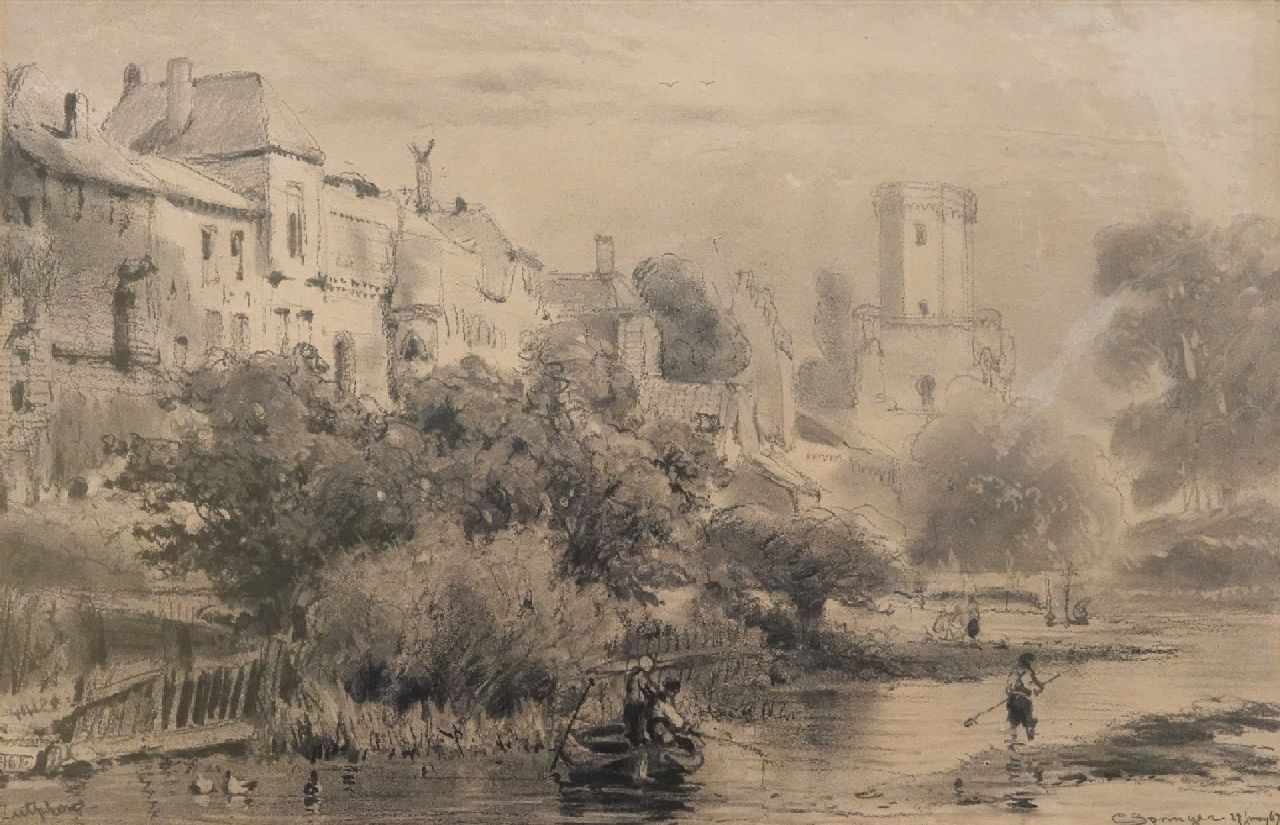 Springer C.  | Cornelis Springer | Aquarellen en tekeningen te koop aangeboden | Gezicht op de stadsomwalling van Zutphen met bleekveld en de Drogenapstoren, houtskool op papier 30,0 x 45,5 cm, gesigneerd rechtsonder en gedateerd 27 juni '67