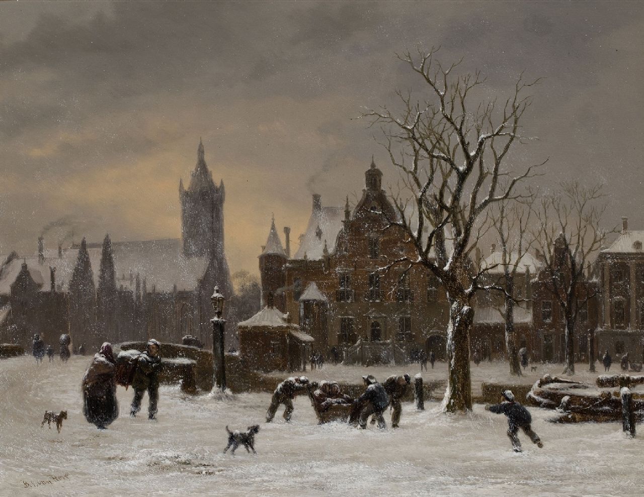 Hove B.J. van | Bartholomeus Johannes 'Bart' van Hove | Schilderijen te koop aangeboden | Gezicht op winterse stad, vermoedelijk Delft, olieverf op paneel 24,5 x 31,3 cm, gesigneerd linksonder