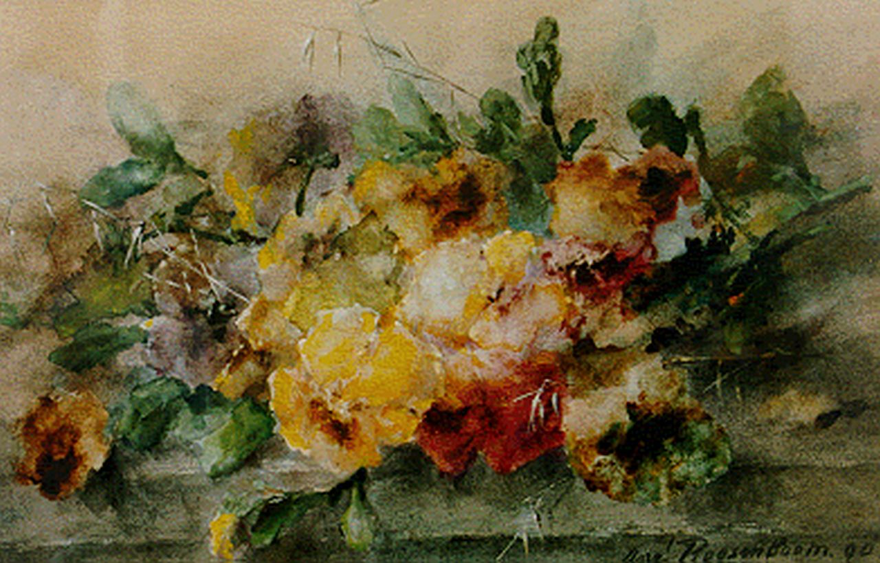 Roosenboom M.C.J.W.H.  | 'Margaretha' Cornelia Johanna Wilhelmina Henriëtta Roosenboom, Stilleven met viooltjes en eikenblad, aquarel op papier 33,8 x 52,7 cm, gesigneerd rechtsonder en gedateerd '90