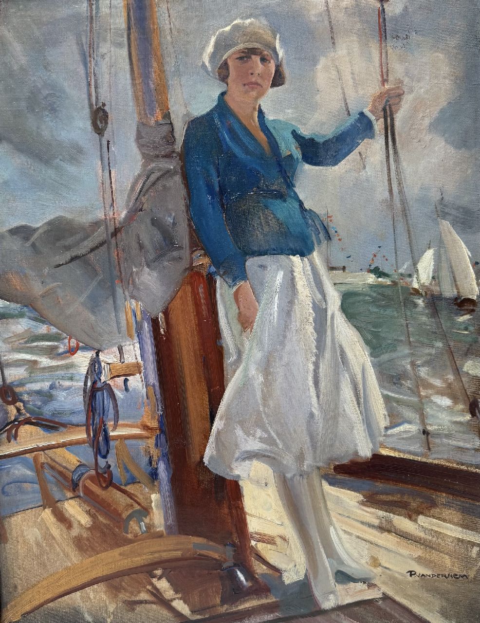 Hem P. van der | Pieter 'Piet' van der Hem | Schilderijen te koop aangeboden | Jonge vrouw op een zeilboot, olieverf op doek 85,3 x 50,7 cm, gesigneerd rechtsonder
