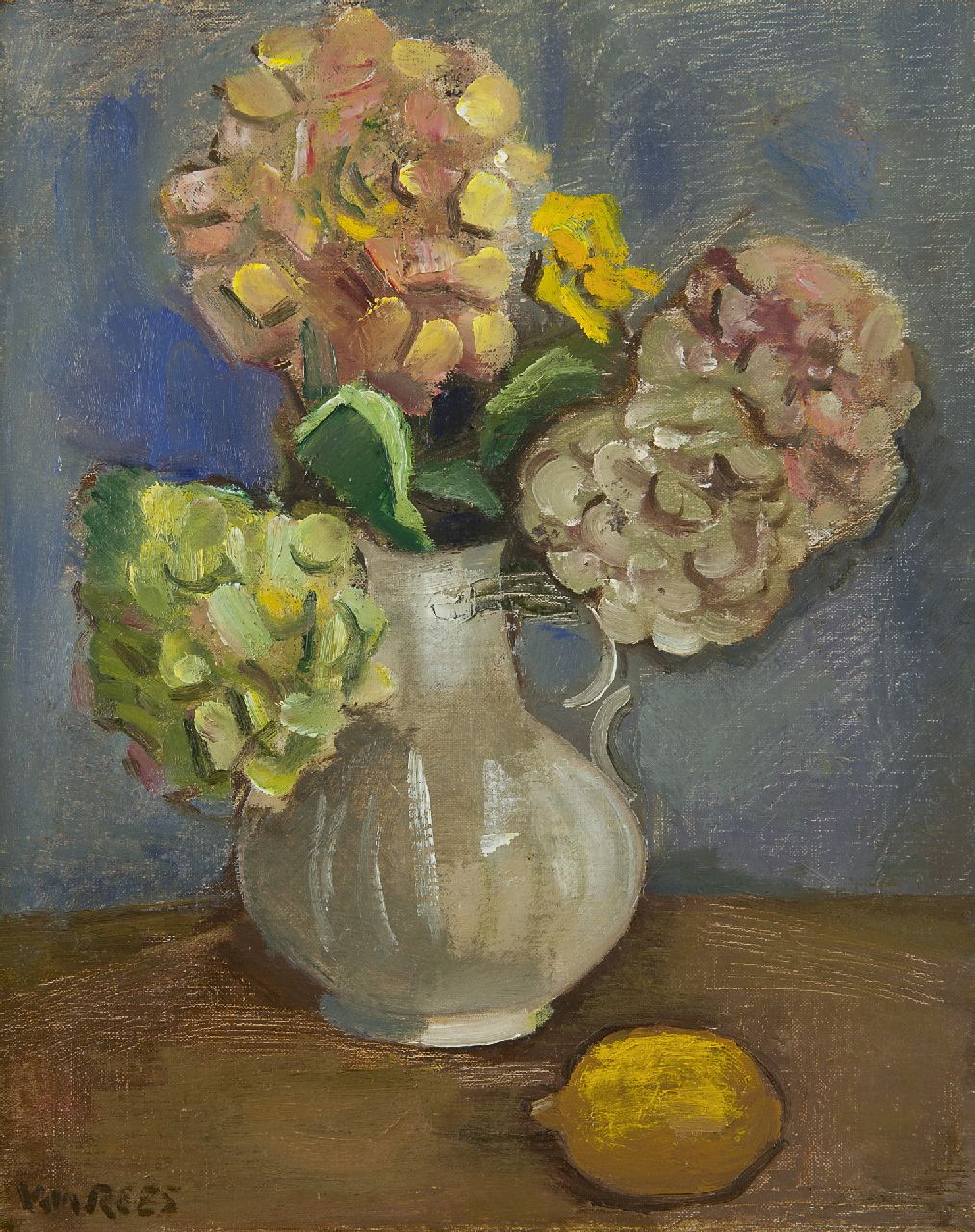 Rees O. van | Otto van Rees | Schilderijen te koop aangeboden | Stilleven met hortensia's en citroen, olieverf op doek 50,5 x 40,5 cm, gesigneerd linksonder Rees O. van | Otto van Rees | Schilderijen te koop aangeboden | Stilleven met hortensia's en citroen, olieverf op doek 50,5 x 40,5 cm, gesigneerd linksonder