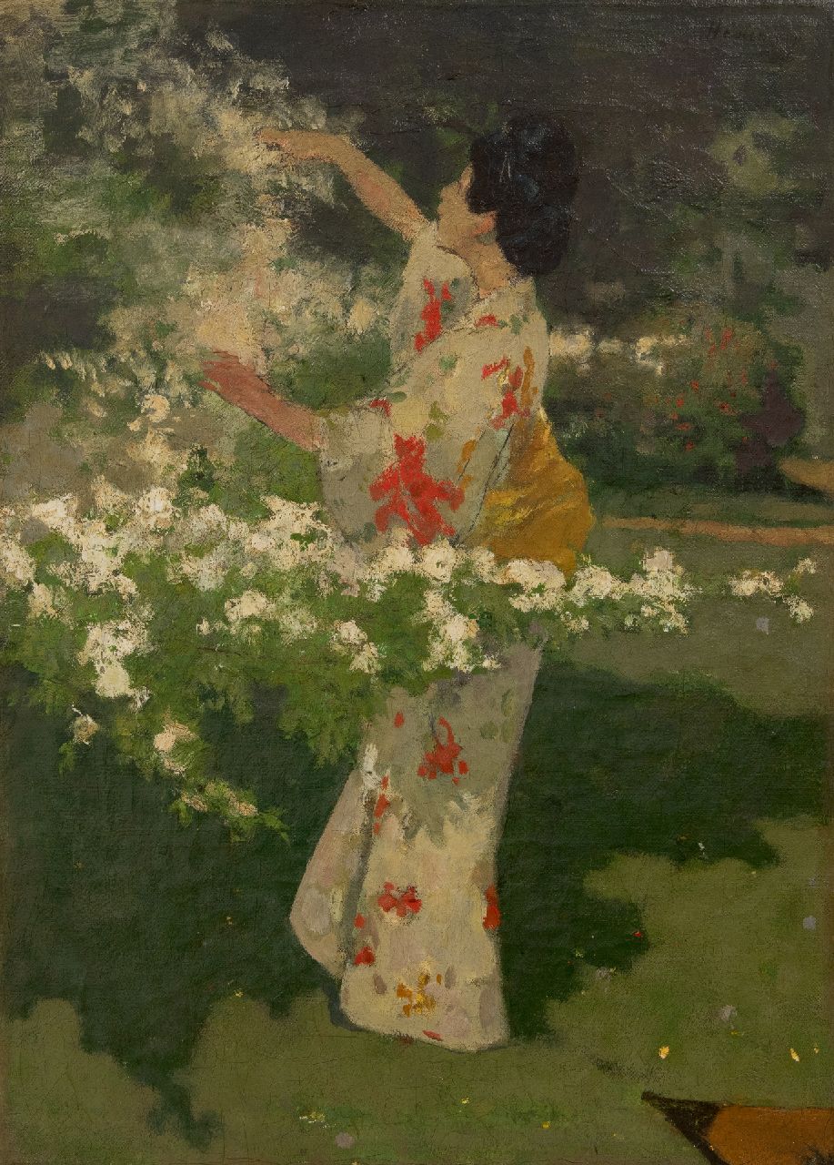Haverman H.J.  | Hendrik Johannes Haverman | Schilderijen te koop aangeboden | Japanse vrouw bij kersenbloesem, olieverf op doek 54,3 x 39,9 cm, gesigneerd rechtsboven