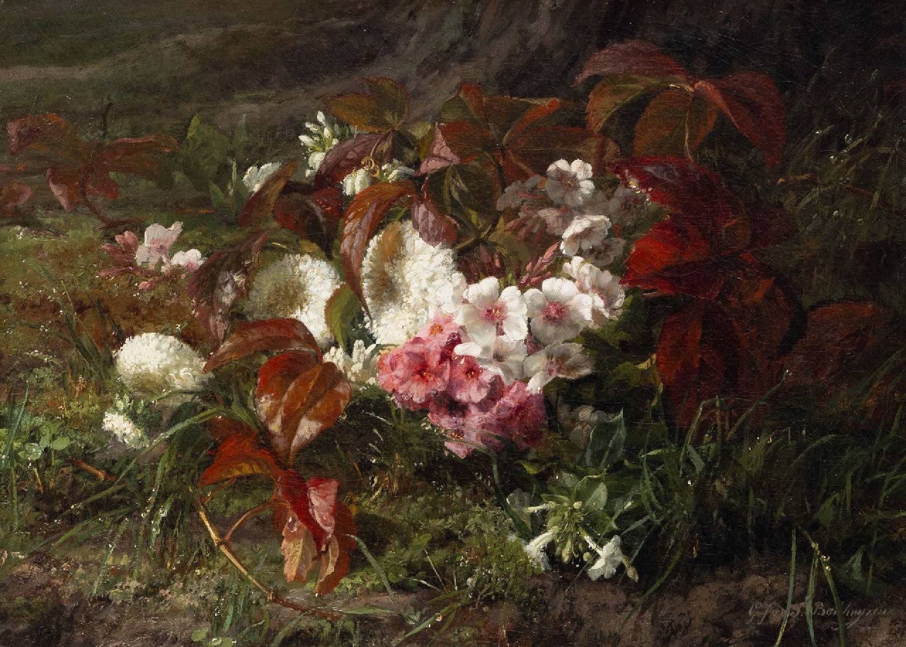 Sande Bakhuyzen G.J. van de | 'Gerardine' Jacoba van de Sande Bakhuyzen | Schilderijen te koop aangeboden | Primula's, phoxen en asters op een bosgrond, olieverf op doek 34,4 x 47,2 cm, gesigneerd rechtsonder Sande Bakhuyzen G.J. van de | 'Gerardine' Jacoba van de Sande Bakhuyzen | Schilderijen te koop aangeboden | Primula's, phoxen en asters op een bosgrond, olieverf op doek 34,4 x 47,2 cm, gesigneerd rechtsonder