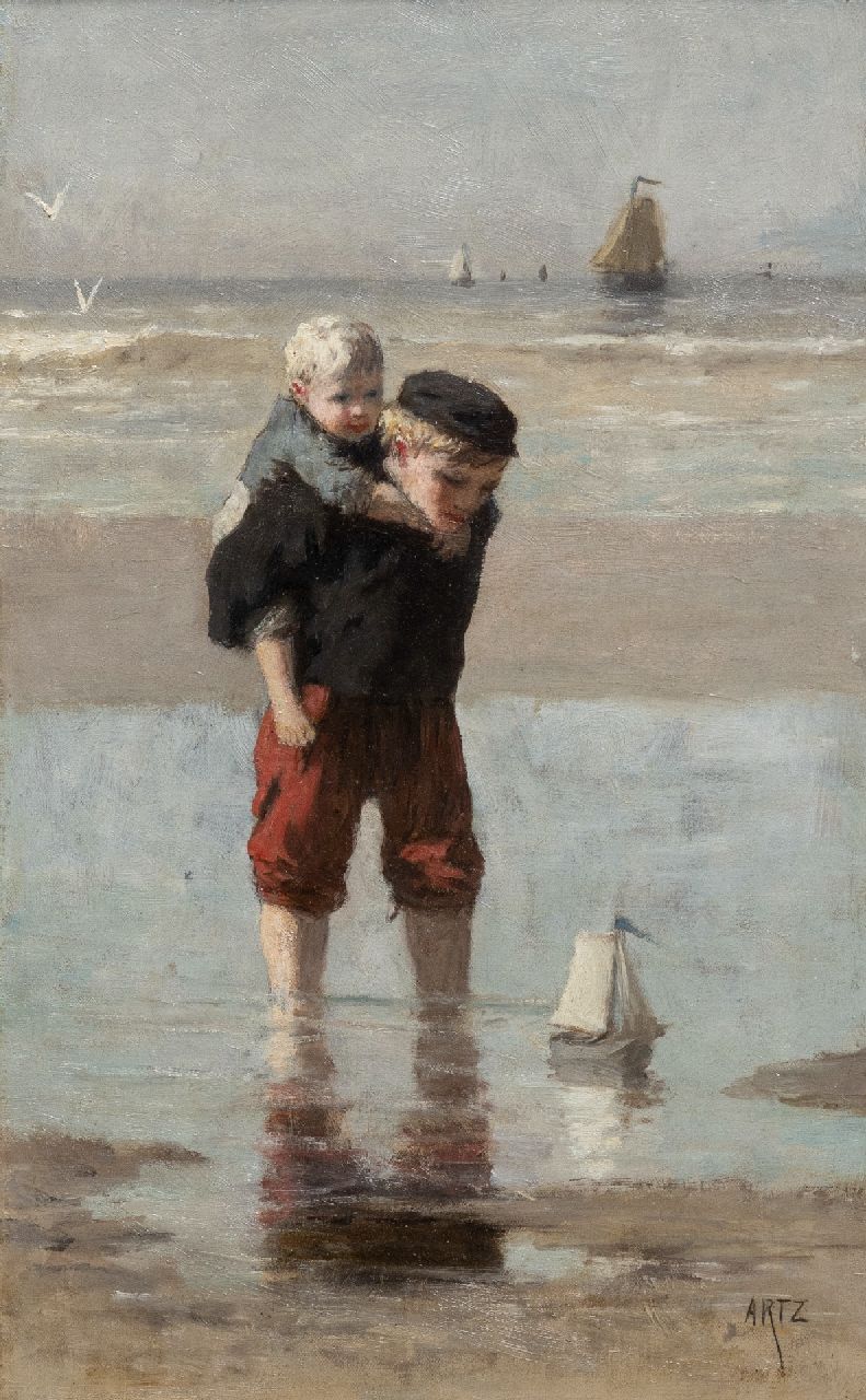 Artz D.A.C. | David Adolphe Constant Artz | Schilderijen te koop aangeboden | Standgezicht met spelende kinderen, olieverf op doek 44,5 x 27,5 cm, gesigneerd rechtsonder Artz D.A.C. | David Adolphe Constant Artz | Schilderijen te koop aangeboden | Standgezicht met spelende kinderen, olieverf op doek 44,5 x 27,5 cm, gesigneerd rechtsonder