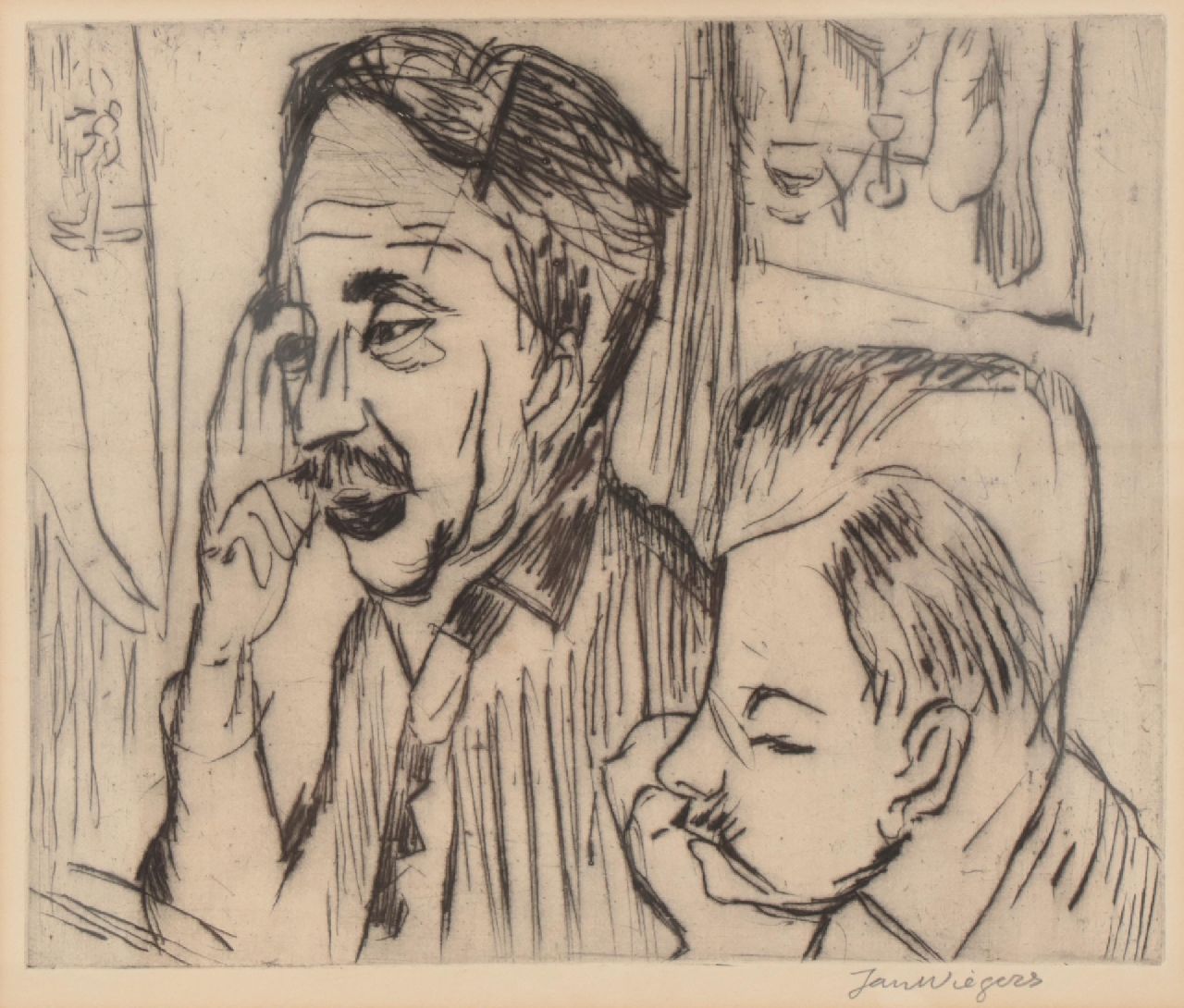 Wiegers J. | Jan Wiegers | Grafiek te koop aangeboden | Portret van H.N. Werkman en Johan van Zweden, ets op papier 21,5 x 26,0 cm, gesigneerd rechtsonder (in potlood) en te dateren 1925 (zonder lijst) Wiegers J. | Jan Wiegers | Grafiek te koop aangeboden | Portret van H.N. Werkman en Johan van Zweden, ets op papier 21,5 x 26,0 cm, gesigneerd rechtsonder (in potlood) en te dateren 1925 (zonder lijst)