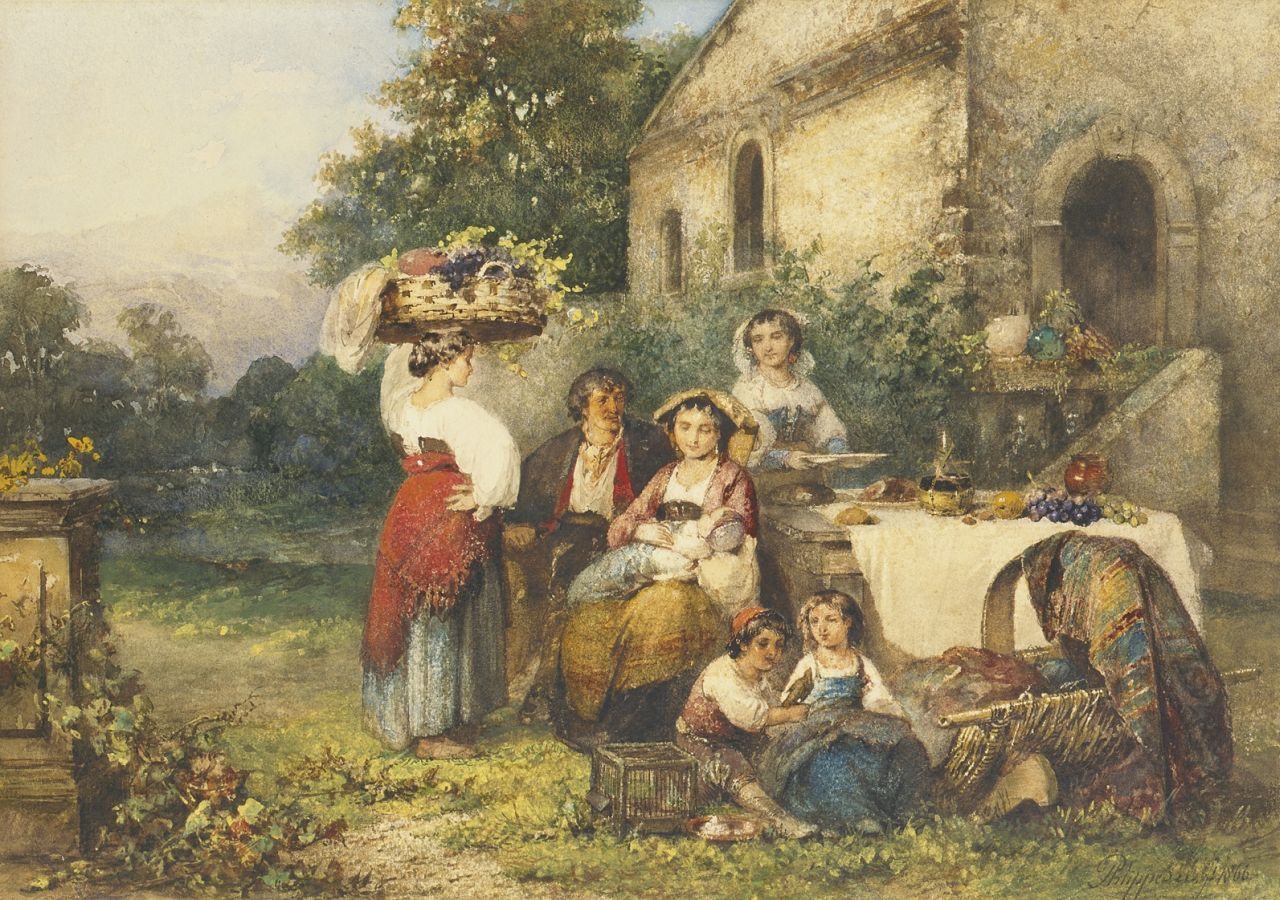 Philippeau K.F.  | Karel Frans 'C.F.' Philippeau, Maaltijd in de campagna, aquarel op papier 26,5 x 36,0 cm, gesigneerd rechtsonder en gedateerd 1866