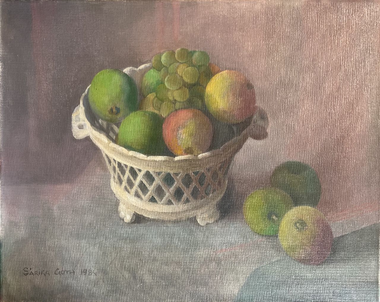 Góth C. | Charlotte 'Sarika' Góth | Schilderijen te koop aangeboden | Stilleven met fruit in een witte mand, olieverf op doek 40,0 x 49,8 cm, gesigneerd linksonder en gedateerd 1984 Góth C. | Charlotte 'Sarika' Góth | Schilderijen te koop aangeboden | Stilleven met fruit in een witte mand, olieverf op doek 40,0 x 49,8 cm, gesigneerd linksonder en gedateerd 1984