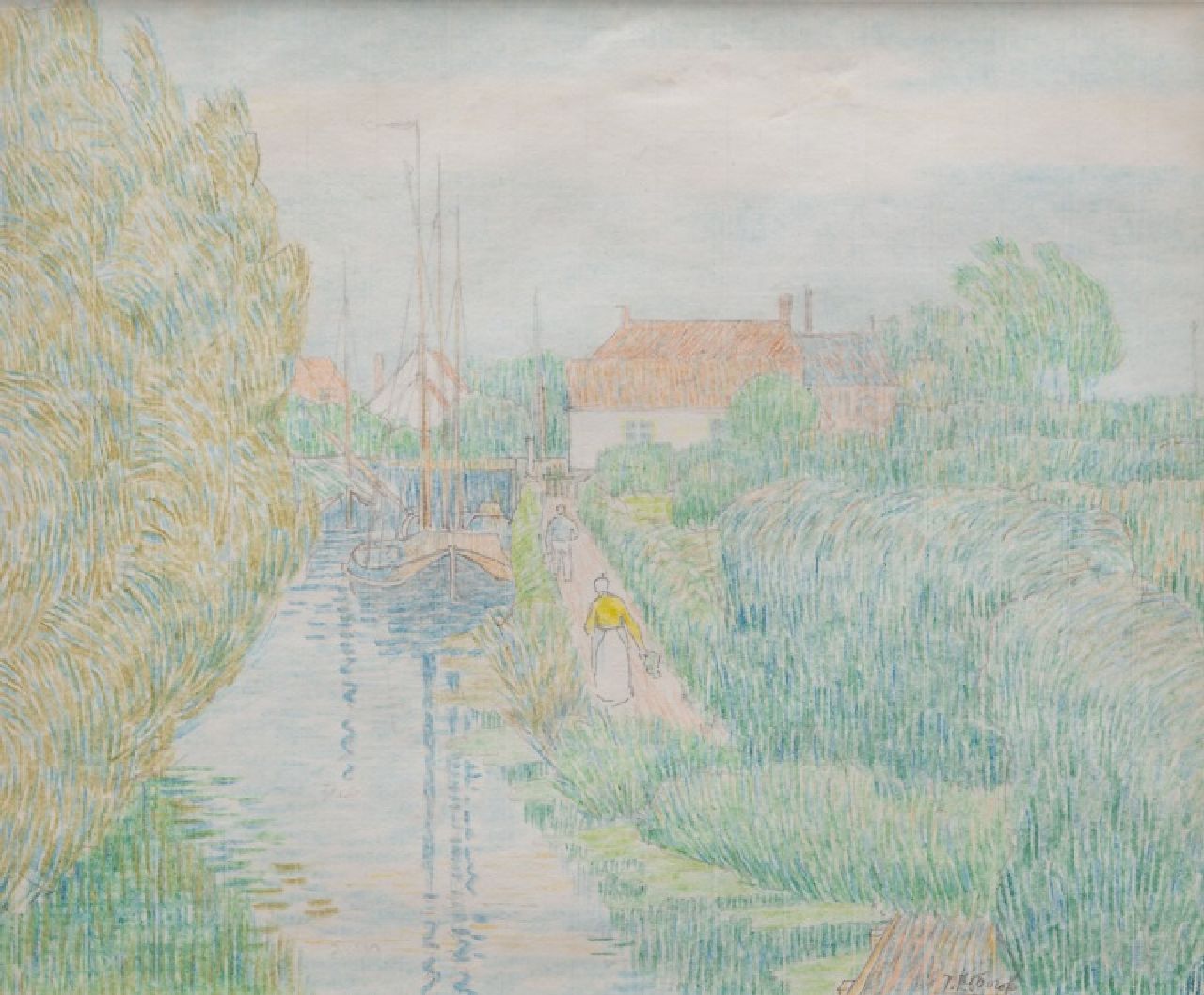 Toorop J.Th. | Johannes Theodorus 'Jan' Toorop | Aquarellen en tekeningen te koop aangeboden | Zeeuws landschap met twee figuren lopend langs een kanaal, potlood op papier 13,0 x 15,8 cm, gesigneerd rechtsonder Toorop J.Th. | Johannes Theodorus 'Jan' Toorop | Aquarellen en tekeningen te koop aangeboden | Zeeuws landschap met twee figuren lopend langs een kanaal, potlood op papier 13,0 x 15,8 cm, gesigneerd rechtsonder