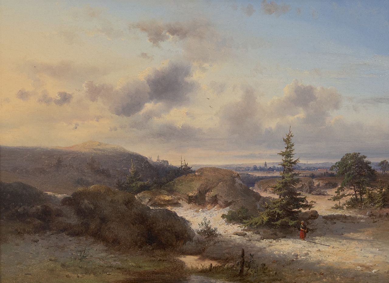 Kluyver P.L.F. | 'Pieter' Lodewijk Francisco Kluyver | Schilderijen te koop aangeboden | Landschap met wandelende vrouw, dorp op achtergrond, olieverf op paneel 34,0 x 47,0 cm, gesigneerd linksonder Kluyver P.L.F. | 'Pieter' Lodewijk Francisco Kluyver | Schilderijen te koop aangeboden | Landschap met wandelende vrouw, dorp op achtergrond, olieverf op paneel 34,0 x 47,0 cm, gesigneerd linksonder