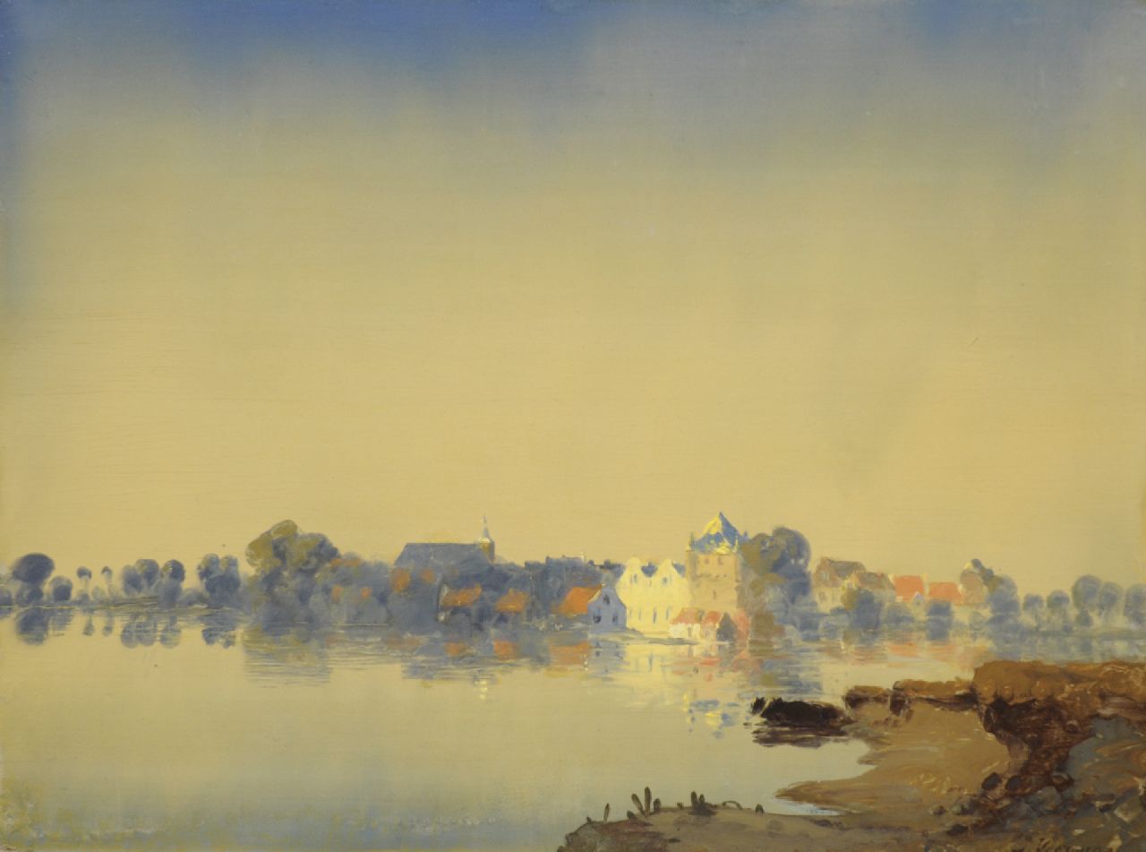 Voerman sr. J. | Jan Voerman sr. | Schilderijen te koop aangeboden | Vroege morgen, gezicht op Hattem, olieverf op paneel 38,3 x 51,5 cm, gesigneerd r.o en te dateren ca. 1920 Voerman sr. J. | Jan Voerman sr. | Schilderijen te koop aangeboden | Vroege morgen, gezicht op Hattem, olieverf op paneel 38,3 x 51,5 cm, gesigneerd r.o en te dateren ca. 1920