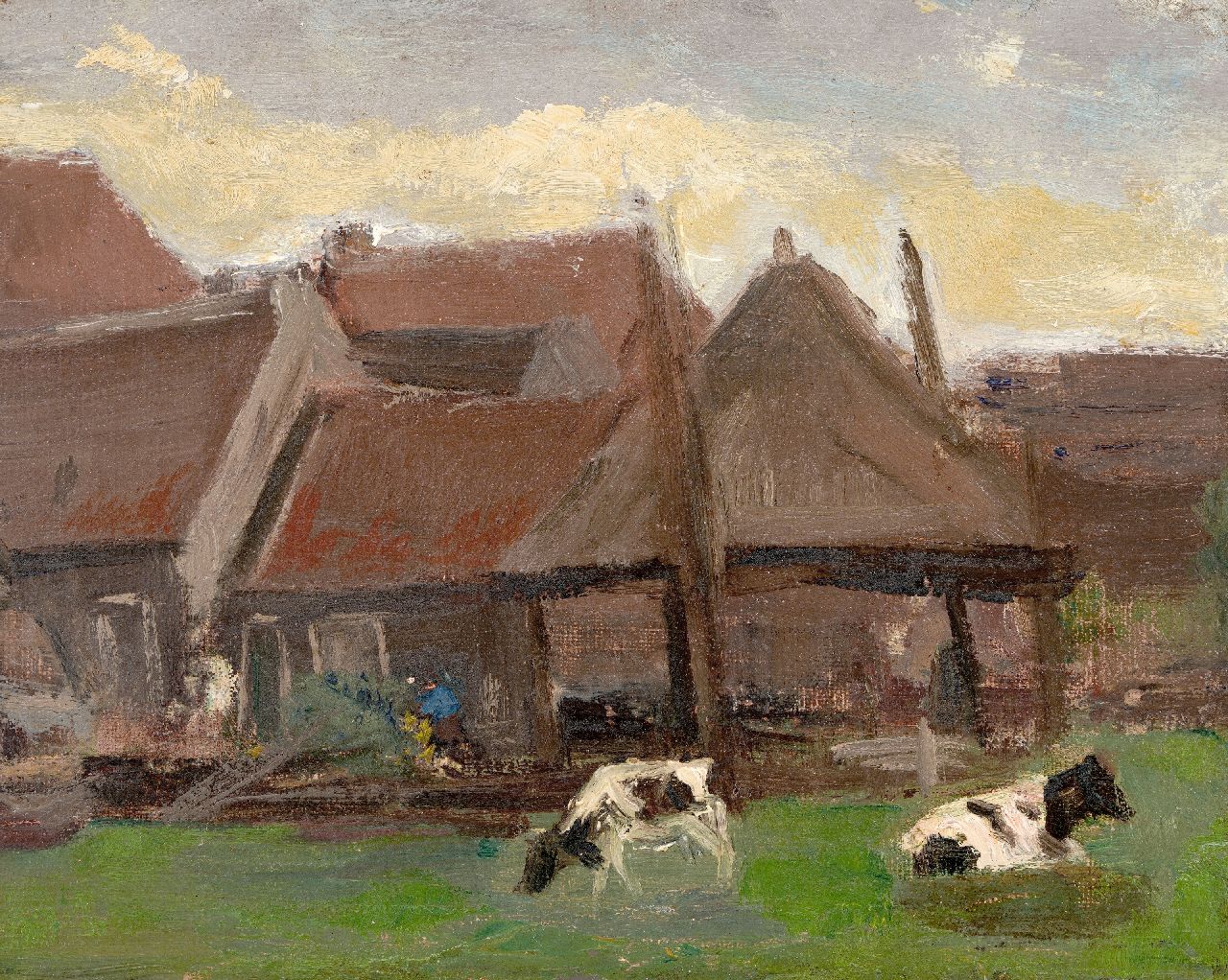 Mondriaan P.C. | Pieter Cornelis 'Piet' Mondriaan | Schilderijen te koop aangeboden | Boerderij met koeien in de wei, olieverf op paneel 17,0 x 22,0 cm, 1897-1901 reserved Mondriaan P.C. | Pieter Cornelis 'Piet' Mondriaan | Schilderijen te koop aangeboden | Boerderij met koeien in de wei, olieverf op paneel 17,0 x 22,0 cm, 1897-1901 reserved