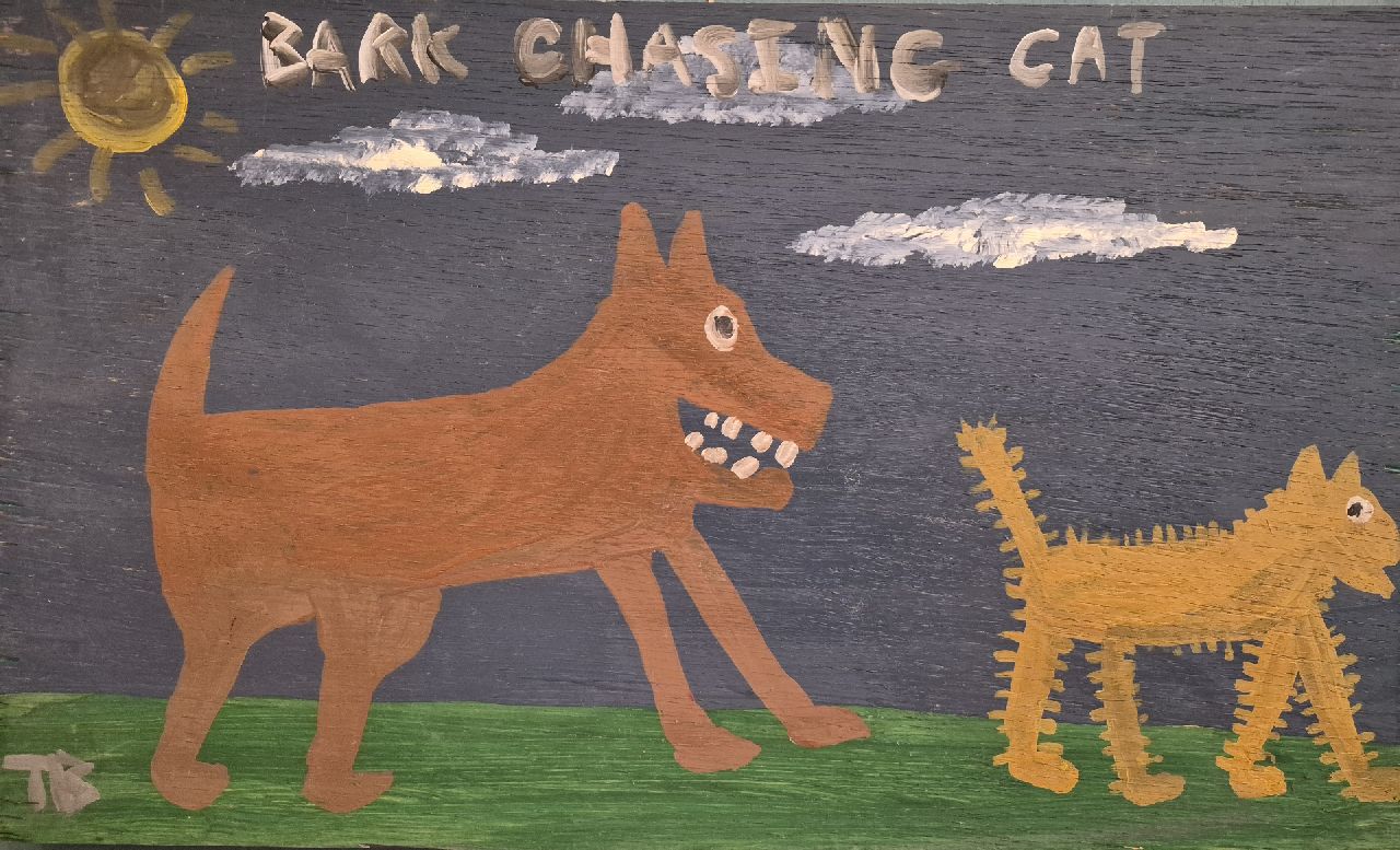 Brown T. | Timothy 'Tim' Brown | Schilderijen te koop aangeboden | Bark chasing cat, olieverf op paneel 30,2 x 50,3 cm, gesigneerd linksonder Brown T. | Timothy 'Tim' Brown | Schilderijen te koop aangeboden | Bark chasing cat, olieverf op paneel 30,2 x 50,3 cm, gesigneerd linksonder