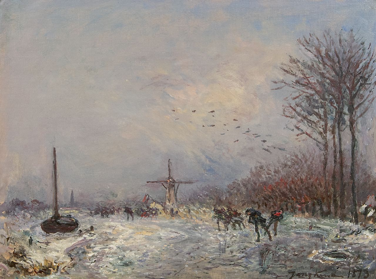 Jongkind J.B. | Johan Barthold Jongkind | Schilderijen te koop aangeboden | Hollandse vaart met schaatsers, olieverf op doek 25,2 x 35,3 cm, gesigneerd rechtsonder en gedateerd 1873 Jongkind J.B. | Johan Barthold Jongkind | Schilderijen te koop aangeboden | Hollandse vaart met schaatsers, olieverf op doek 25,2 x 35,3 cm, gesigneerd rechtsonder en gedateerd 1873