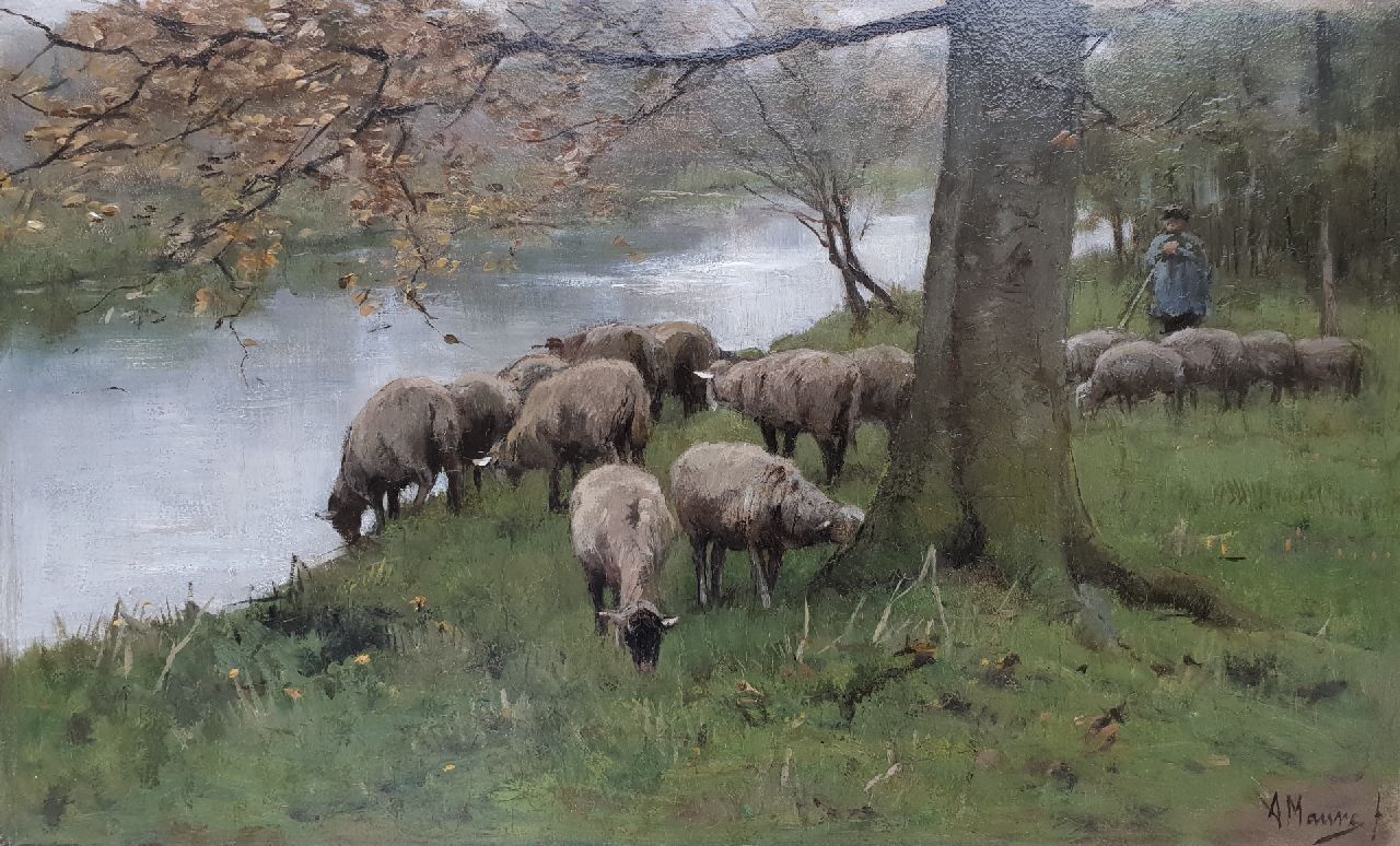 Mauve A.  | Anthonij 'Anton' Mauve | Schilderijen te koop aangeboden | Schapen aan de vaart, olieverf op paneel 25,1 x 41,0 cm, gesigneerd rechtsonder
