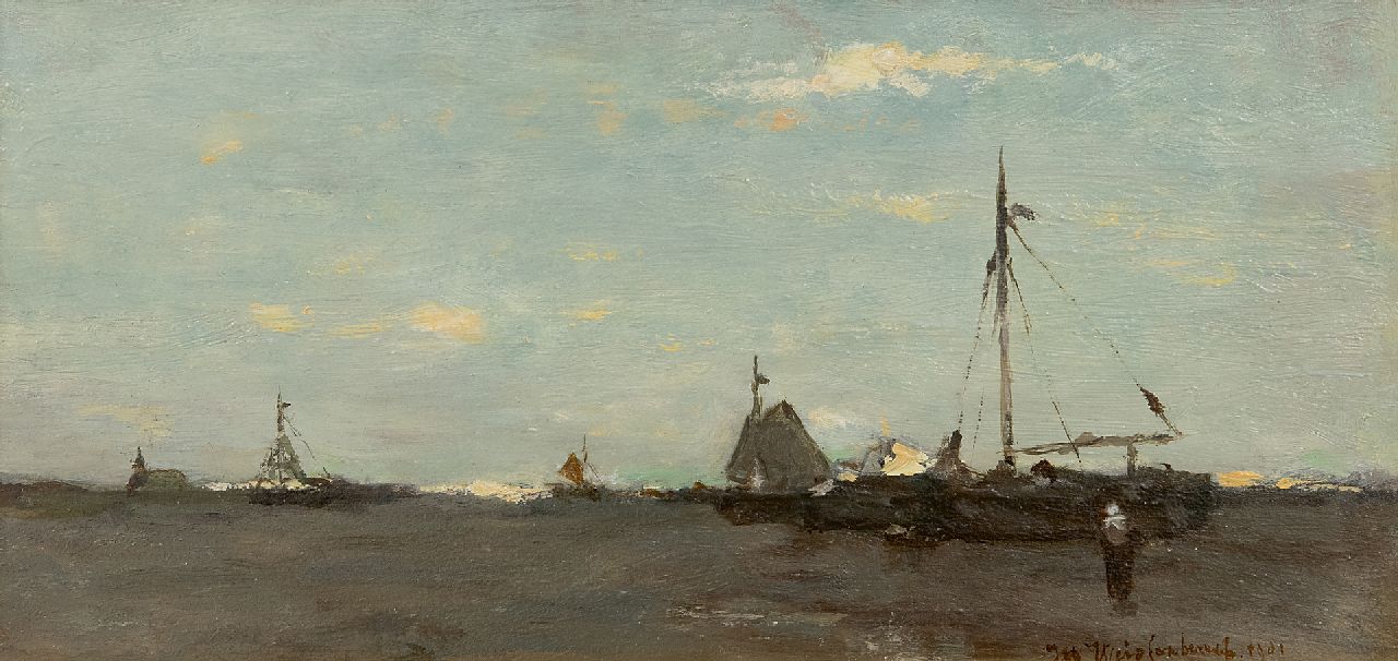 Weissenbruch H.J. | Hendrik Johannes 'J.H.' Weissenbruch | Schilderijen te koop aangeboden | Drooggevallen bomschuiten op het strand van Scheveningen, olieverf op paneel 15,6 x 31,2 cm, gesigneerd rechtsonder en gedateerd 1901 Weissenbruch H.J. | Hendrik Johannes 'J.H.' Weissenbruch | Schilderijen te koop aangeboden | Drooggevallen bomschuiten op het strand van Scheveningen, olieverf op paneel 15,6 x 31,2 cm, gesigneerd rechtsonder en gedateerd 1901
