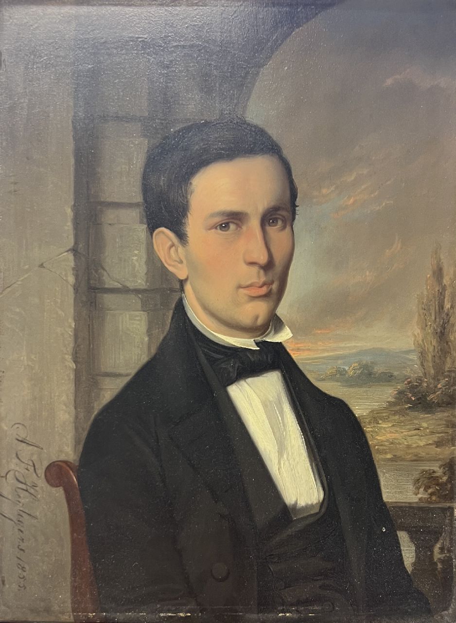 Heijligers A.F. | Antoon François Heijligers | Schilderijen te koop aangeboden | Portret van een man, olieverf op paneel 28,8 x 21,9 cm, gesigneerd linksonder en gedateerd 1855 Heijligers A.F. | Antoon François Heijligers | Schilderijen te koop aangeboden | Portret van een man, olieverf op paneel 28,8 x 21,9 cm, gesigneerd linksonder en gedateerd 1855