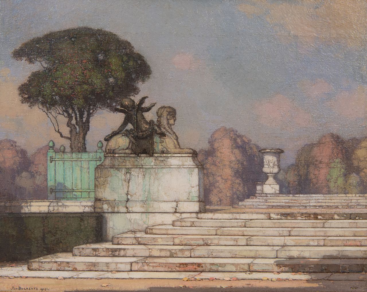 Bogaerts J.J.M. | Johannes Jacobus Maria 'Jan' Bogaerts, Het beeld van een sfinx en Cupido in het park van Versailles, olieverf op doek 32,5 x 39,7 cm, gesigneerd linksonder en gedateerd 1915 Bogaerts J.J.M. | Johannes Jacobus Maria 'Jan' Bogaerts, Het beeld van een sfinx en Cupido in het park van Versailles, olieverf op doek 32,5 x 39,7 cm, gesigneerd linksonder en gedateerd 1915