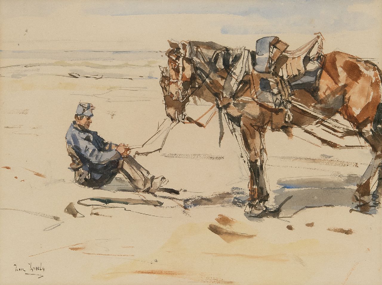 Israels I.L.  | 'Isaac' Lazarus Israels, Een artillerist met paarden op het strand, aquarel op papier 19,4 x 26,0 cm, gesigneerd linksonder