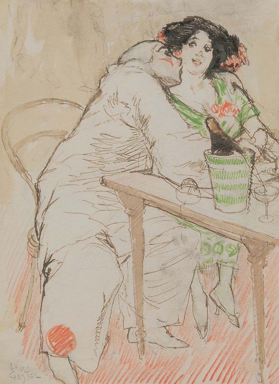 Gestel L.  | Leendert 'Leo' Gestel |  te koop aangeboden | Caféscène met Pierrot, potlood, inkt en krijt op papier 30,0 x 22,0 cm, gesigneerd linksonder en te dateren ca. 1908