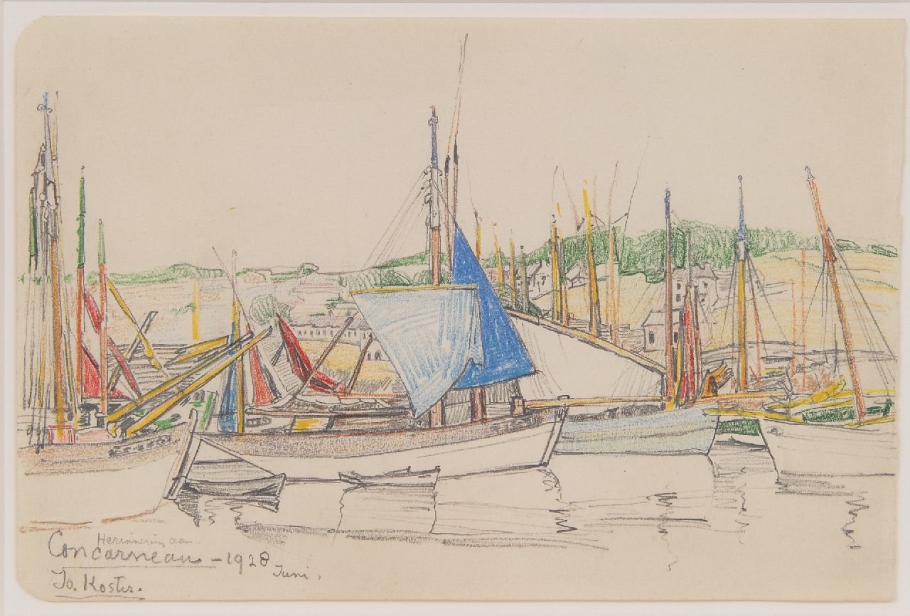 Koster J.P.C.A. | Johanna Petronella Catharina Antoinetta 'Jo' Koster | Aquarellen en tekeningen te koop aangeboden | Herinnering aan Concarneau, potlood en gekleurd krijt op papier 17,0 x 25,5 cm, gesigneerd linksonder en gedateerd juni 1928 Koster J.P.C.A. | Johanna Petronella Catharina Antoinetta 'Jo' Koster | Aquarellen en tekeningen te koop aangeboden | Herinnering aan Concarneau, potlood en gekleurd krijt op papier 17,0 x 25,5 cm, gesigneerd linksonder en gedateerd juni 1928