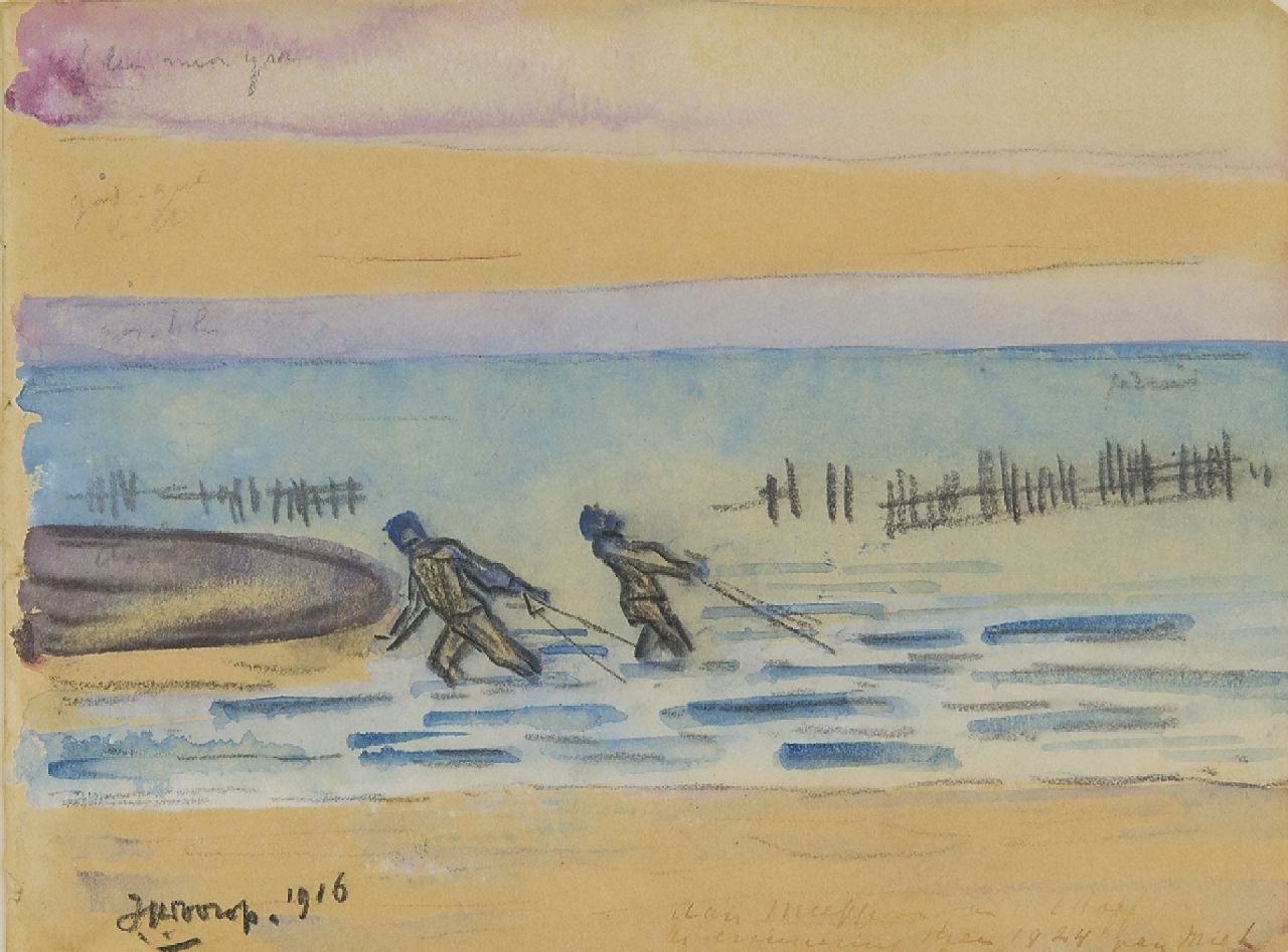 Toorop J.Th. | Johannes Theodorus 'Jan' Toorop | Aquarellen en tekeningen te koop aangeboden | Zeeuwse garnalenvissers, zwart krijt en aquarel op papier 11,4 x 15,1 cm, gesigneerd linksonder en gedateerd 1916 Toorop J.Th. | Johannes Theodorus 'Jan' Toorop | Aquarellen en tekeningen te koop aangeboden | Zeeuwse garnalenvissers, zwart krijt en aquarel op papier 11,4 x 15,1 cm, gesigneerd linksonder en gedateerd 1916
